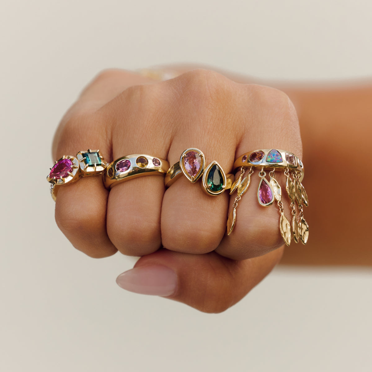 Twin Pink + Green Tourmaline Teardrop Ring