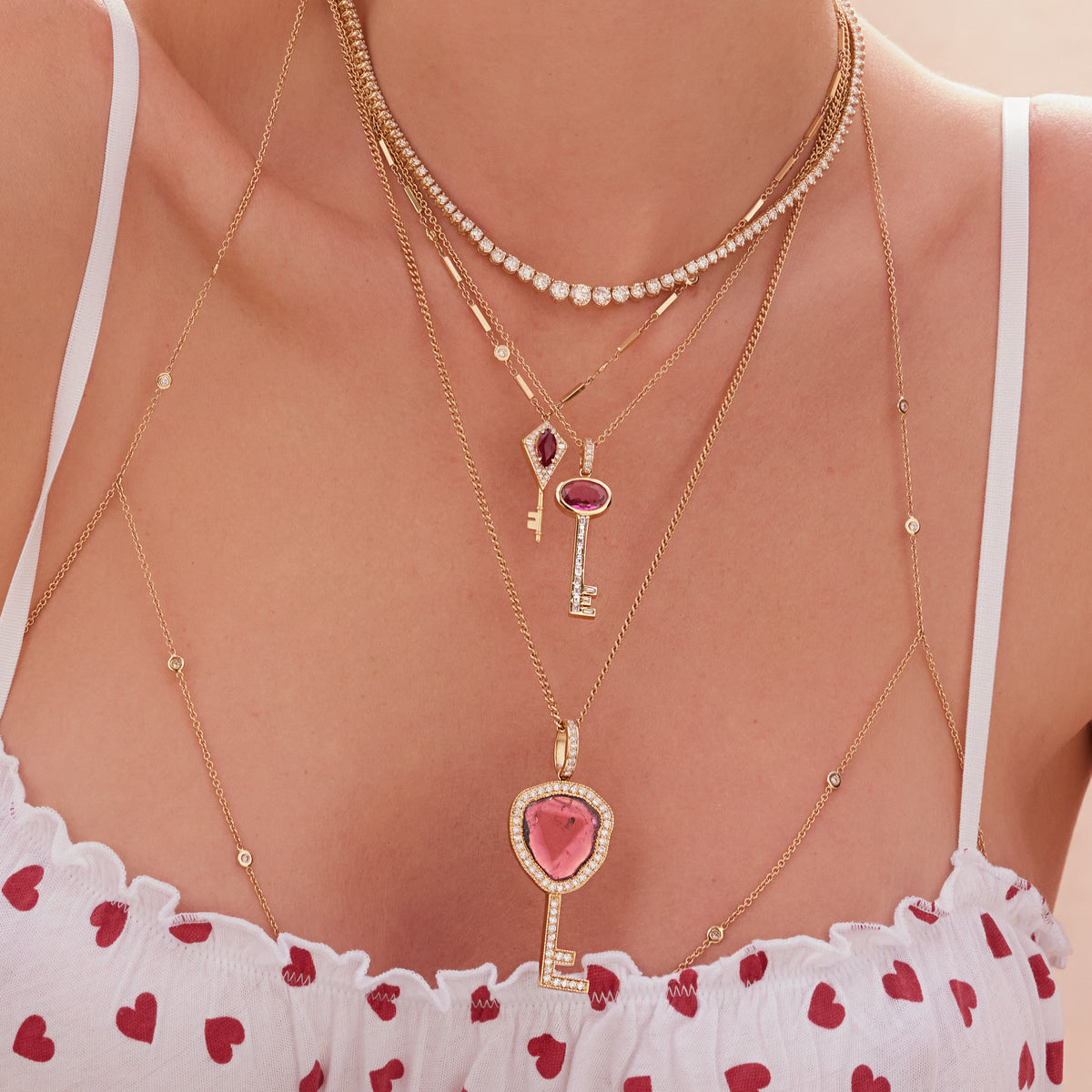 Pavé + Baguette Diamond Ruby Key Smooth Bar Necklace
