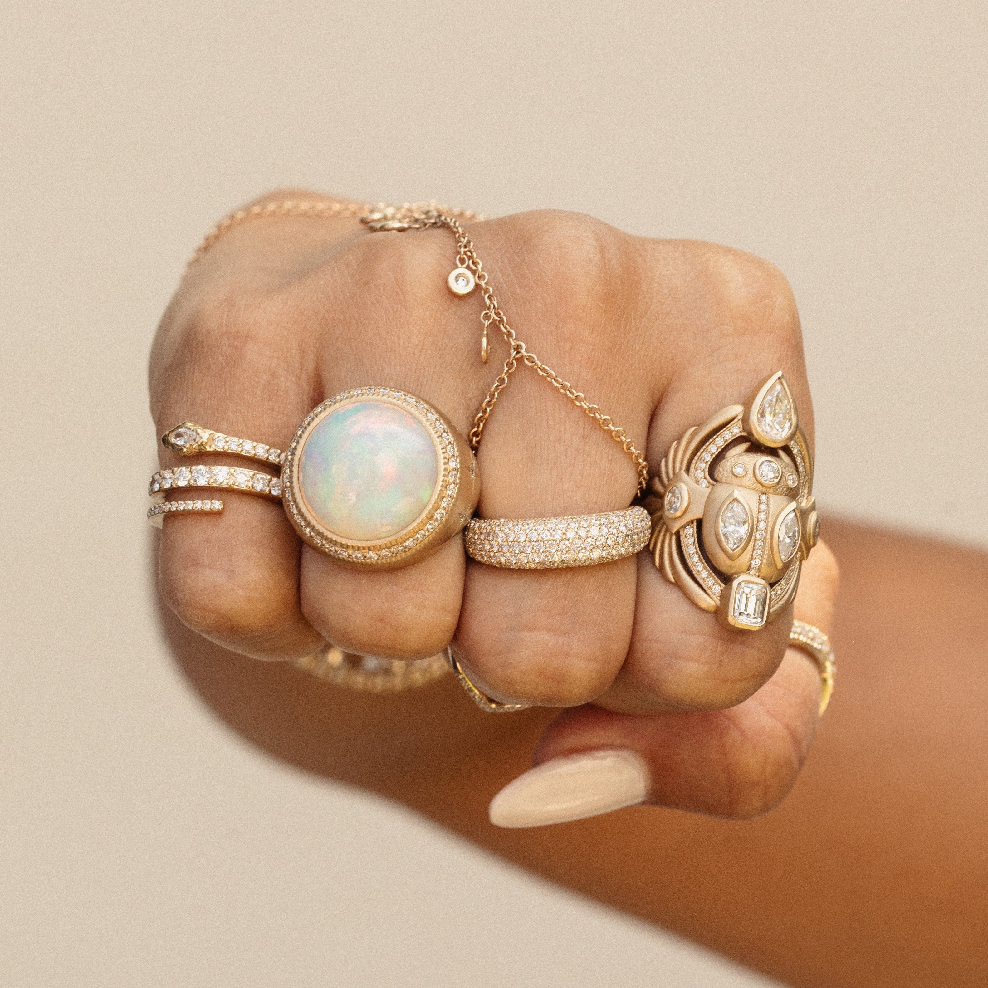 Pave Round Opal Starburst Ring