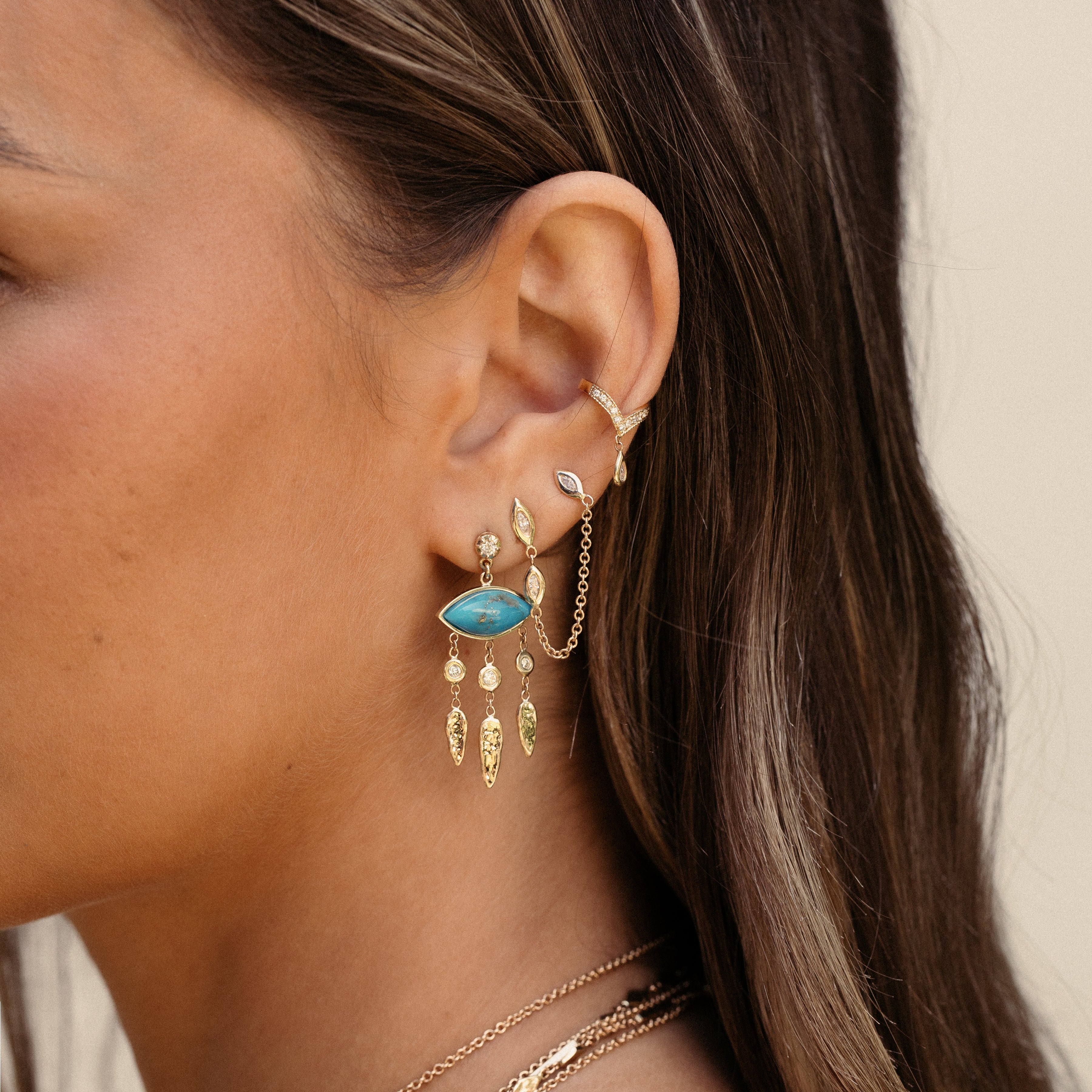 Turquoise Marquise + Diamond Hammered Teardrop Chandelier Drop Stud Earrings