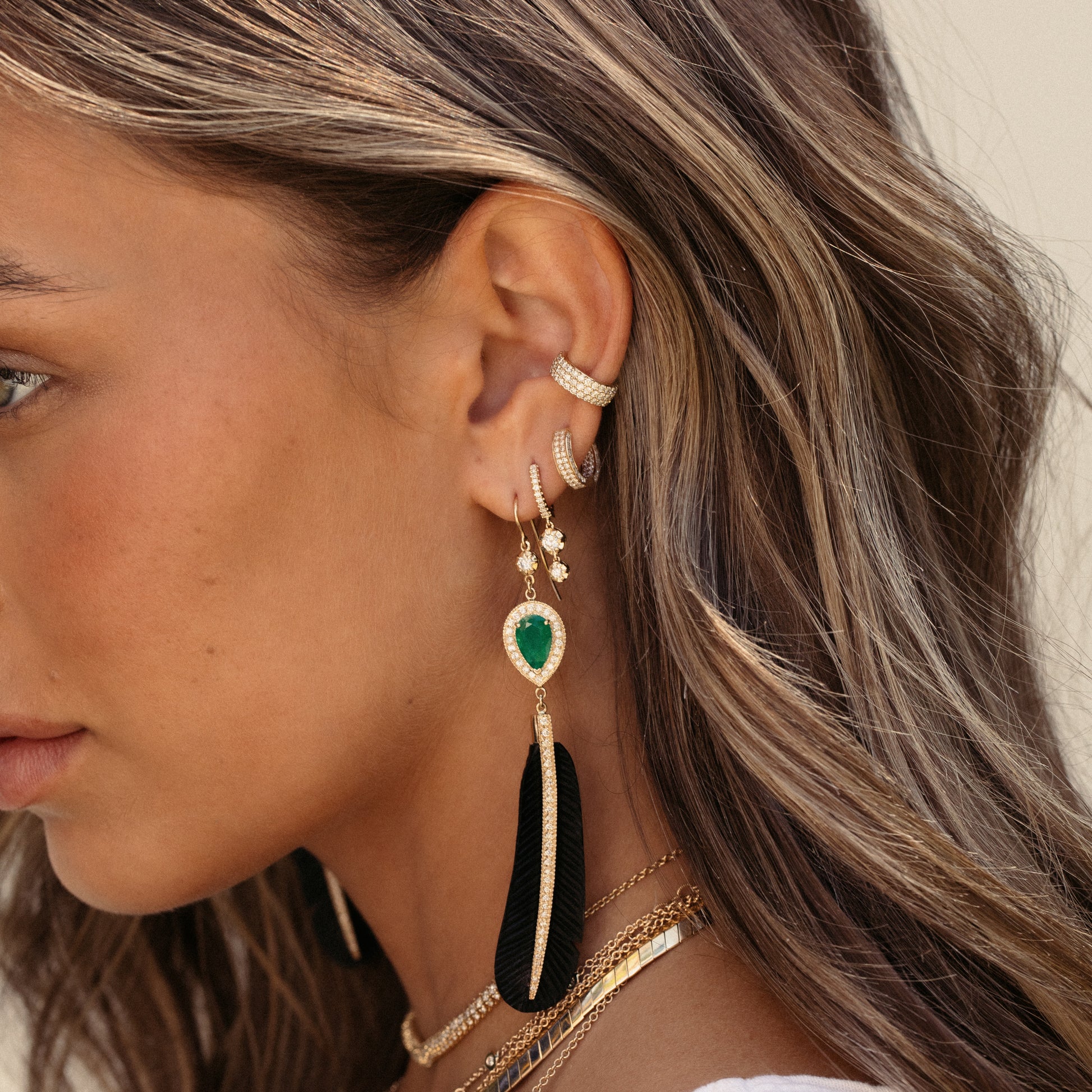 Pave Emerald Teardrop + Pave Black Horn Feather Earrings
