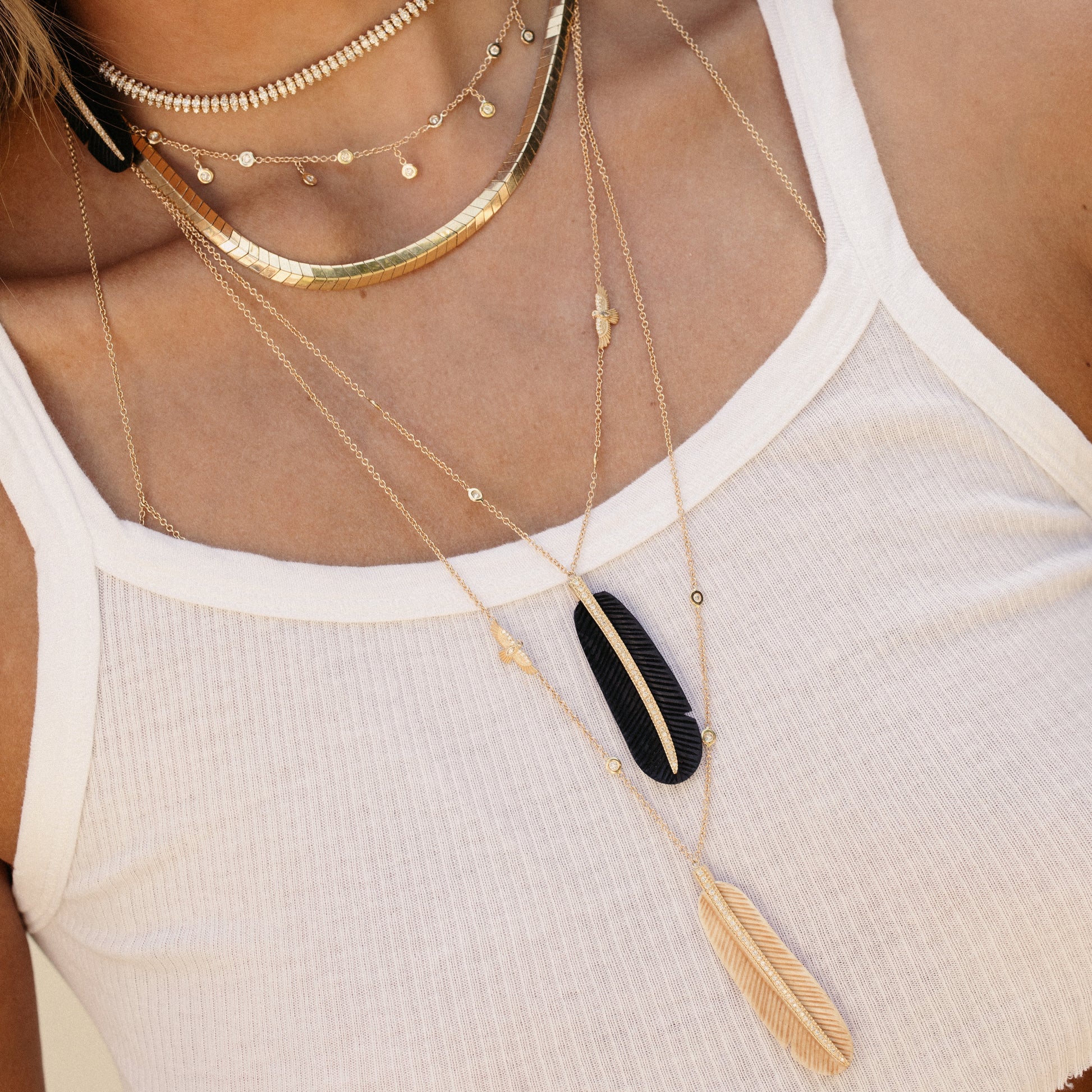 Pave Black Horn Feather + Baby Thunderbird Necklace