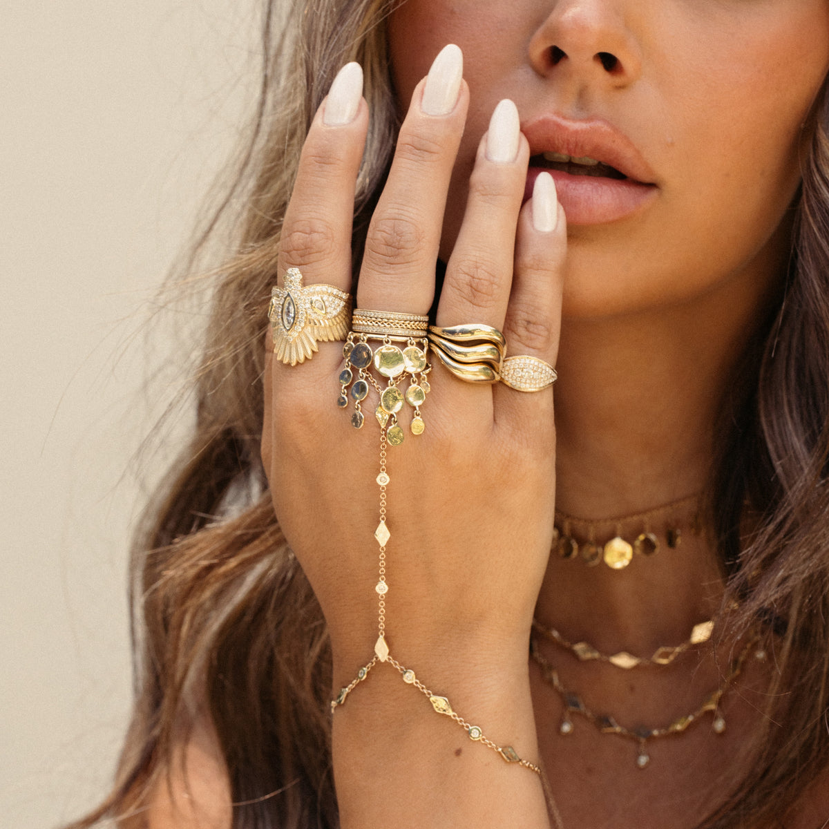Round + Teardrop Diamond Finger Bracelet