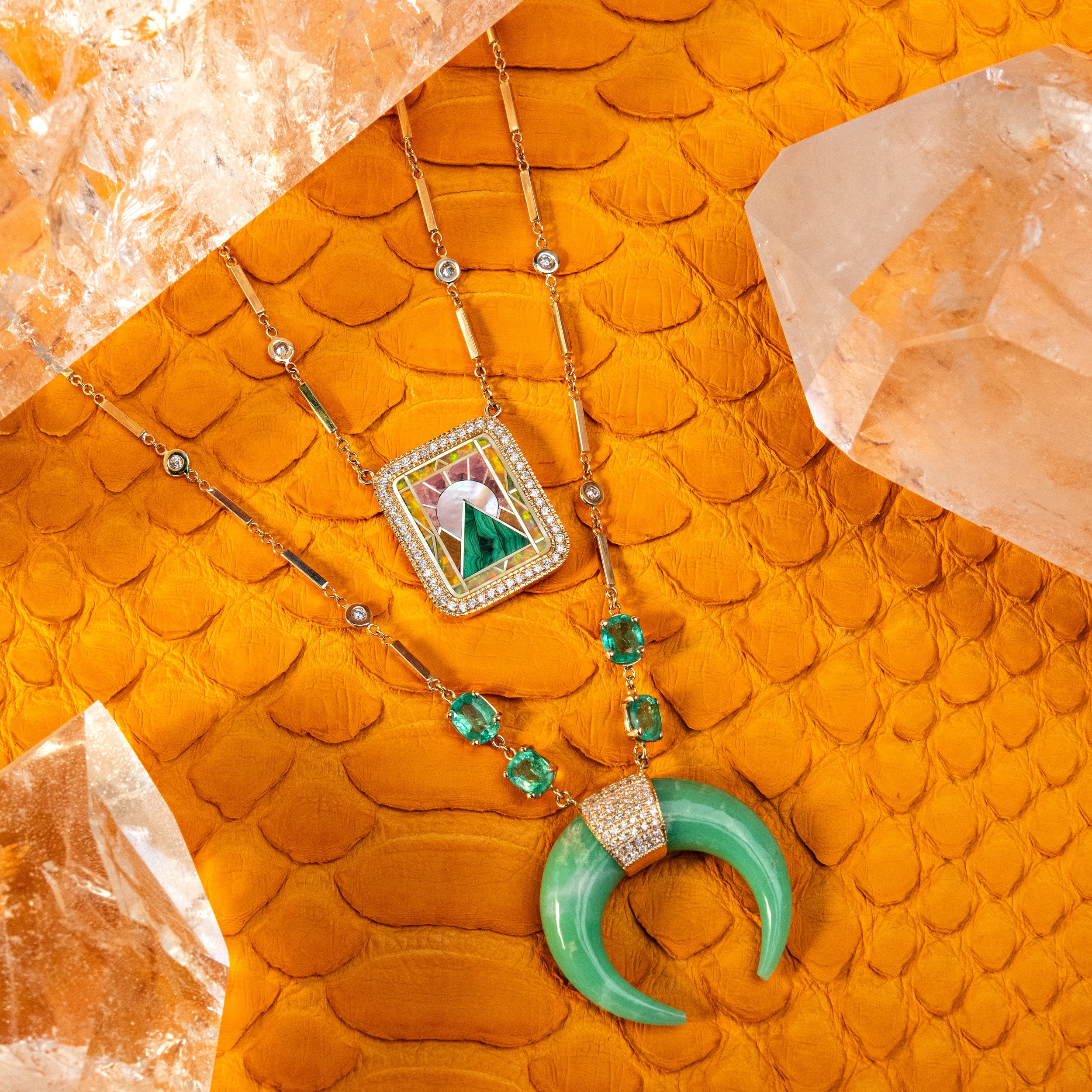 Chrysoprase Double Horn Necklace with Emeralds and Pavé Diamonds