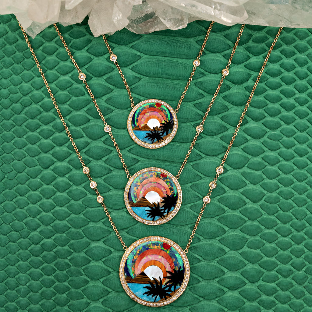Small Pave Diamond Tropical Scenic Inlay Necklace