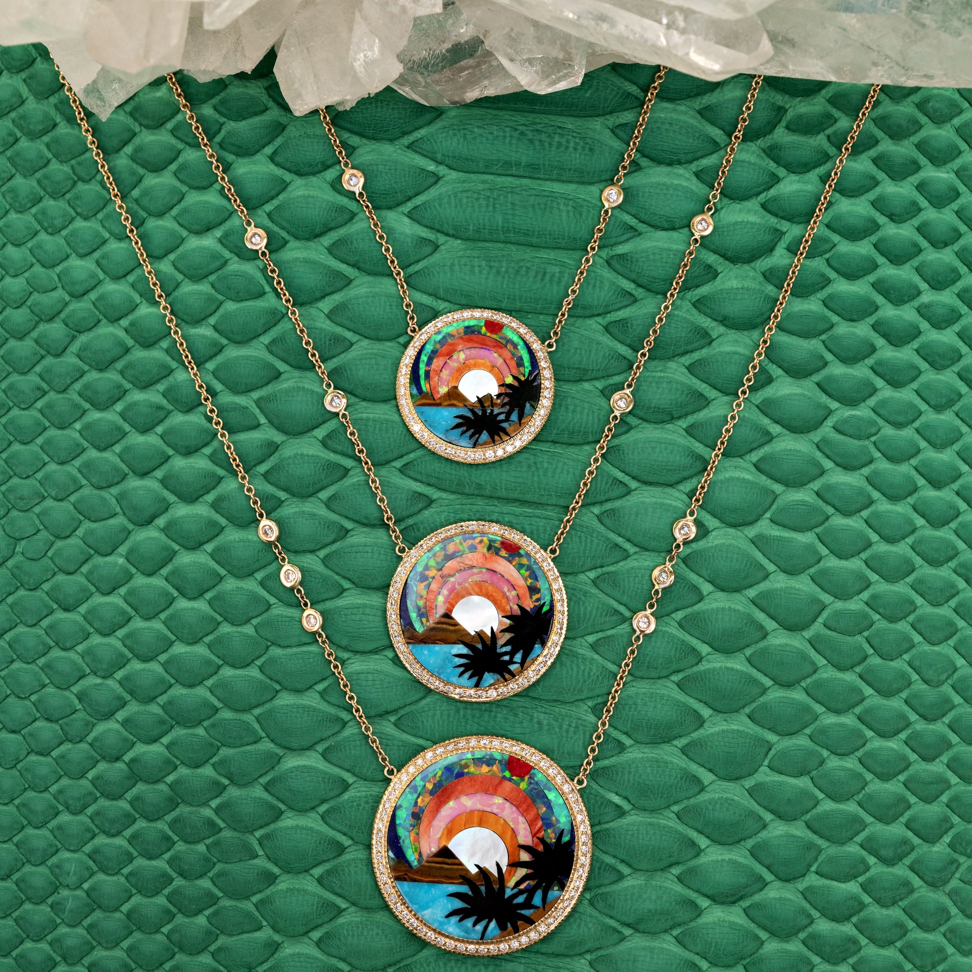 Small Pave Diamond Tropical Scenic Inlay Necklace