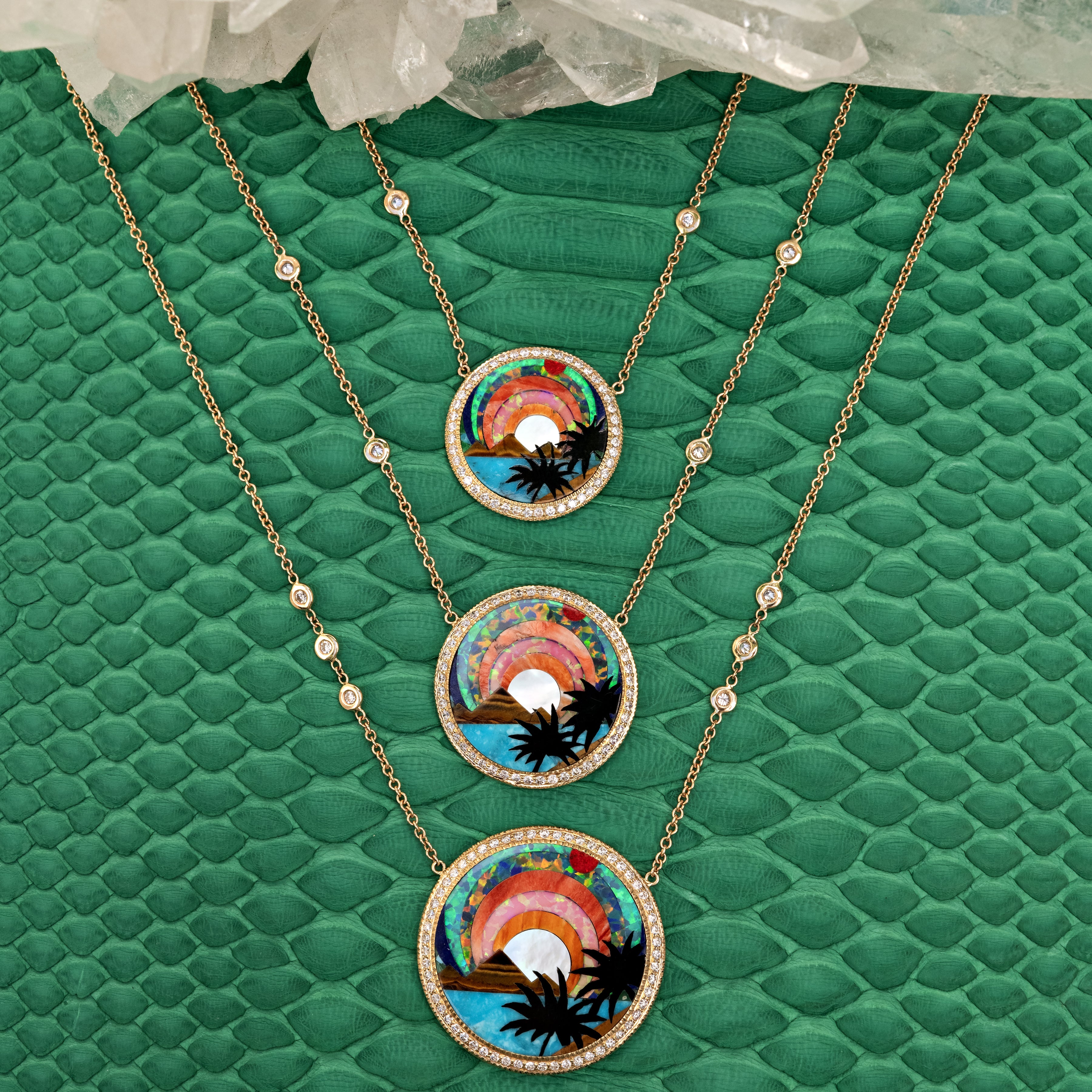 Small Pave Diamond Tropical Scenic Inlay Necklace