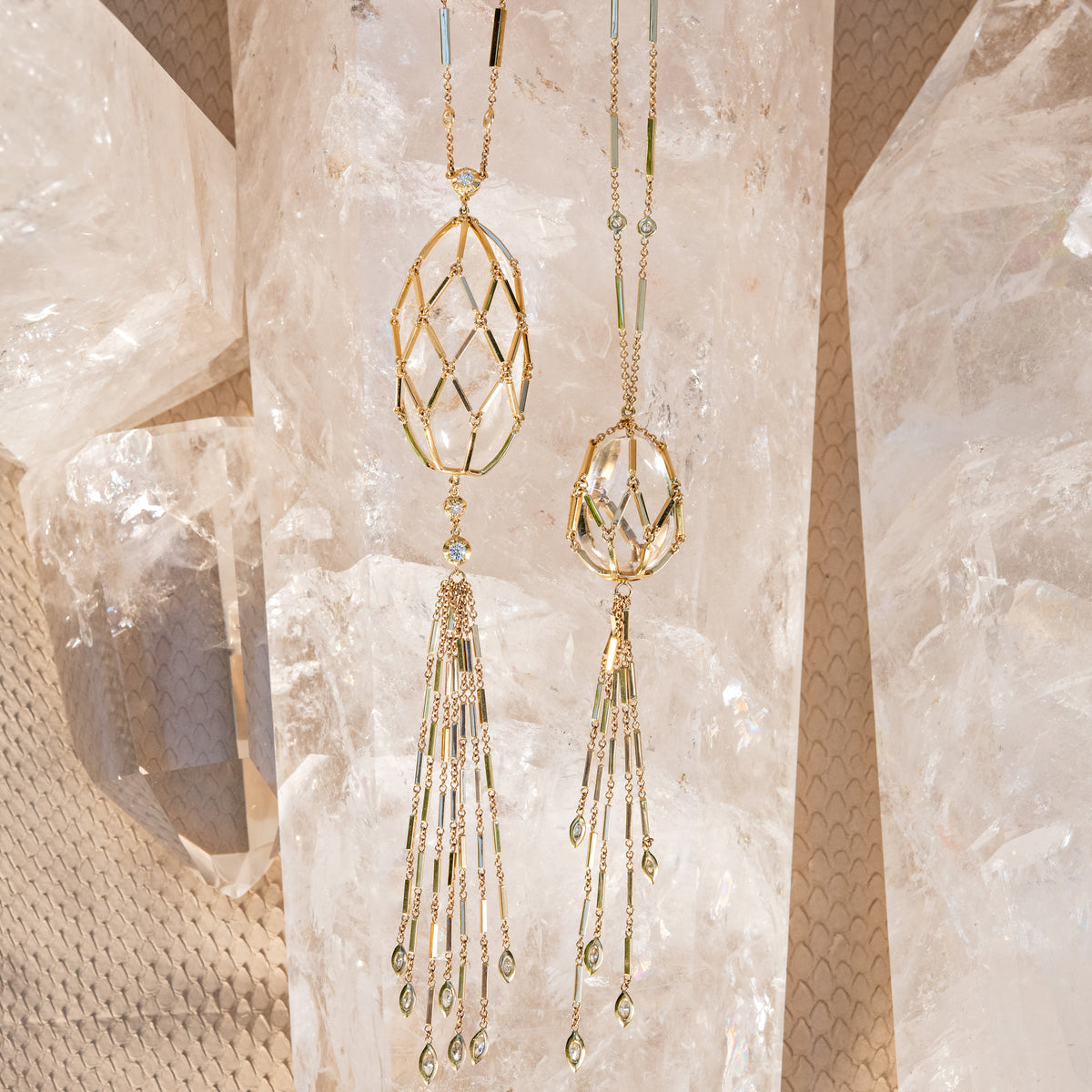 Caged Clear Quartz Smooth Bar Tassel Necklace