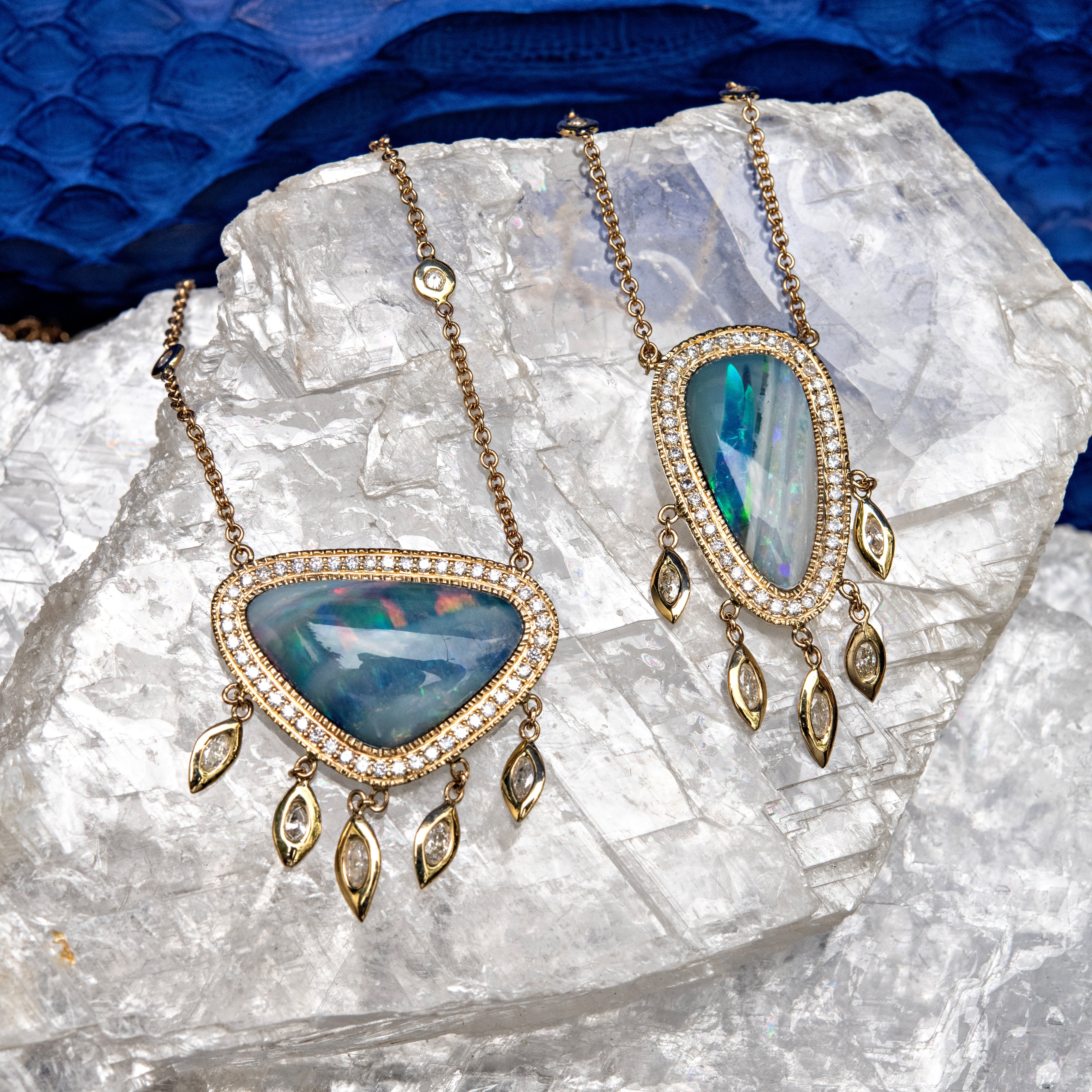 PAVE OMBRE BLUE OPAL TEARDROP + MARQUISE DIAMOND SHAKER NECKLACE