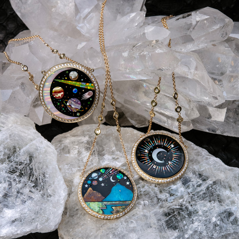 PAVE ROUND ONYX + OPAL CRESCENT GALAXY PLANET INLAY NECKLACE