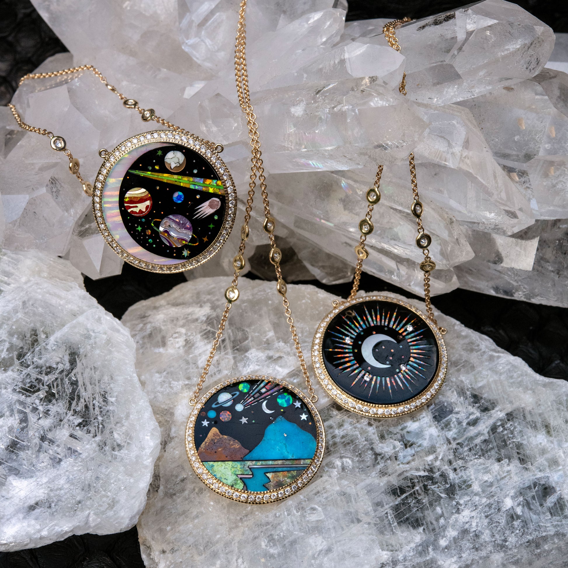 Pavé Round Onyx + Opal Scenic Galaxy Inlay Necklace