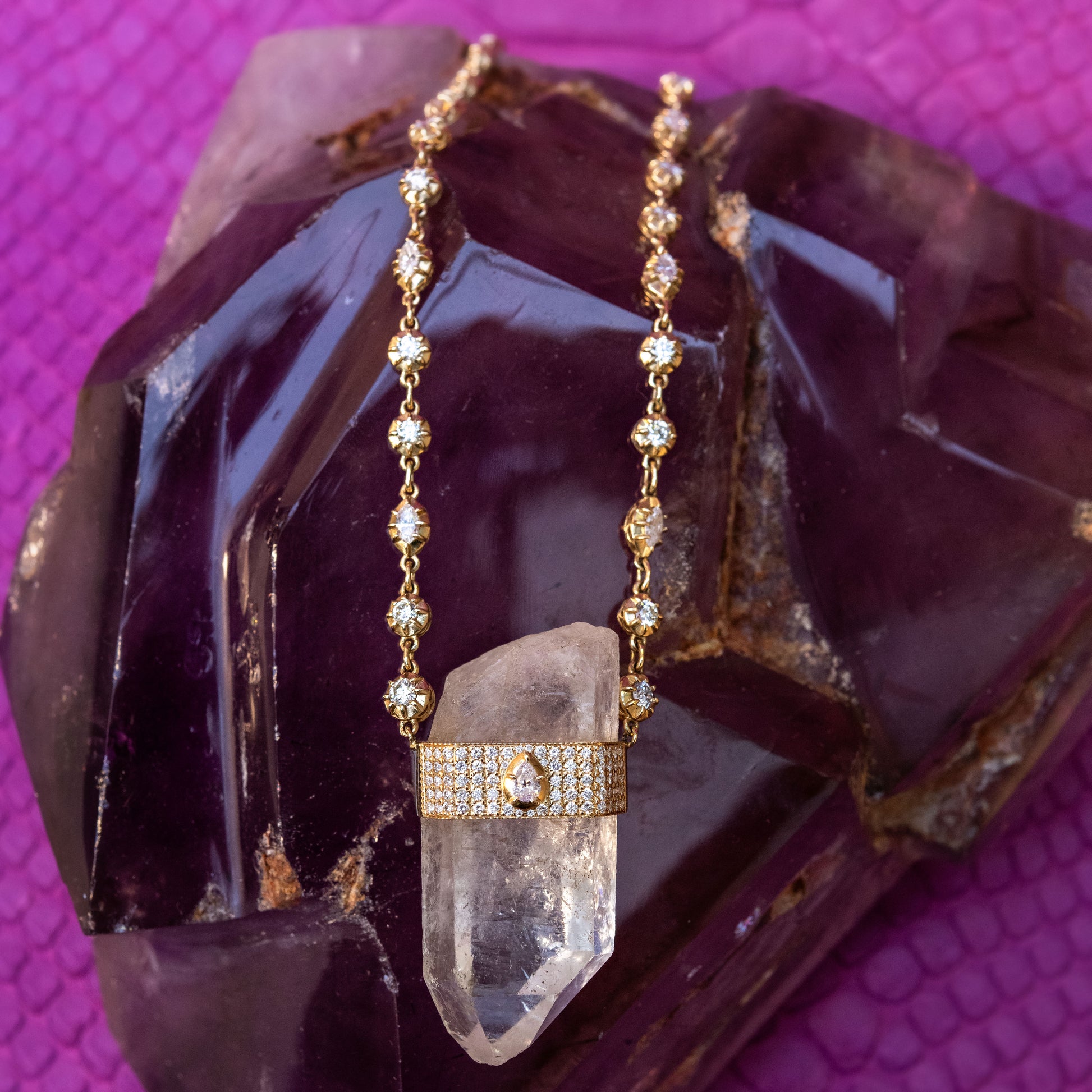 Pave Raw Clear Quartz Crystal on Round + Marquise Sophia Diamond Chain Necklace