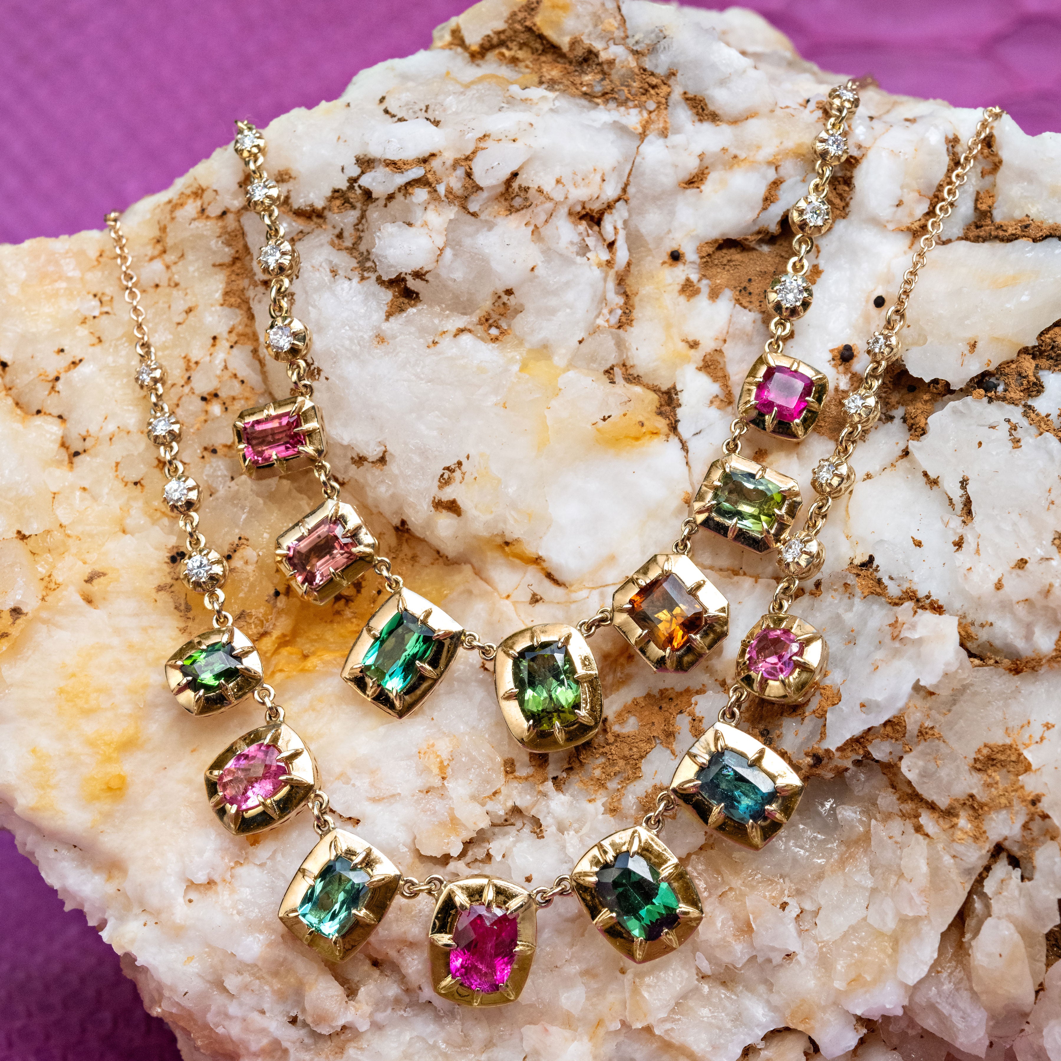7 Assorted Tourmaline Vintage Bezel Diamond Necklace