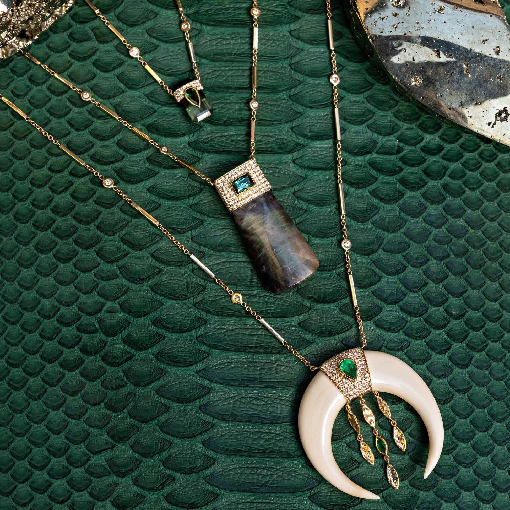 Pave Green Tourmaline Cap + Labradorite Crystal Necklace