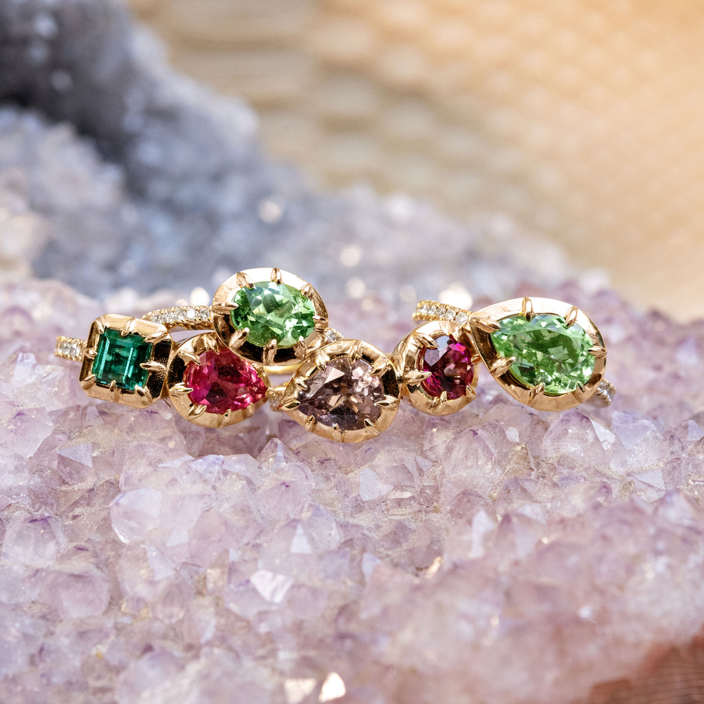 Purple Teardrop + Pink Tourmaline Round Sophia Bezel Pave Ring