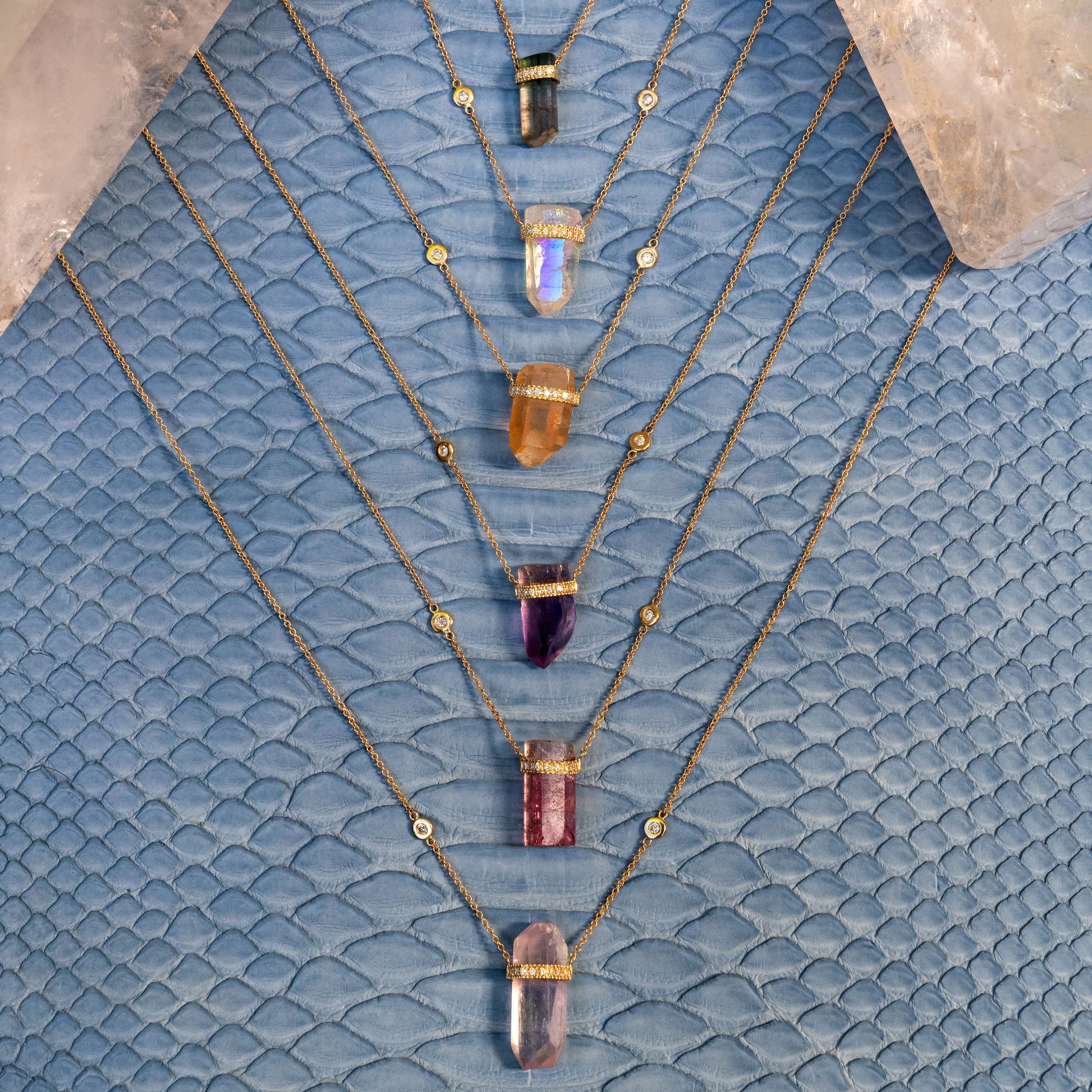 1 Row Pave Diamond Cap Sunstone Crystal Necklace