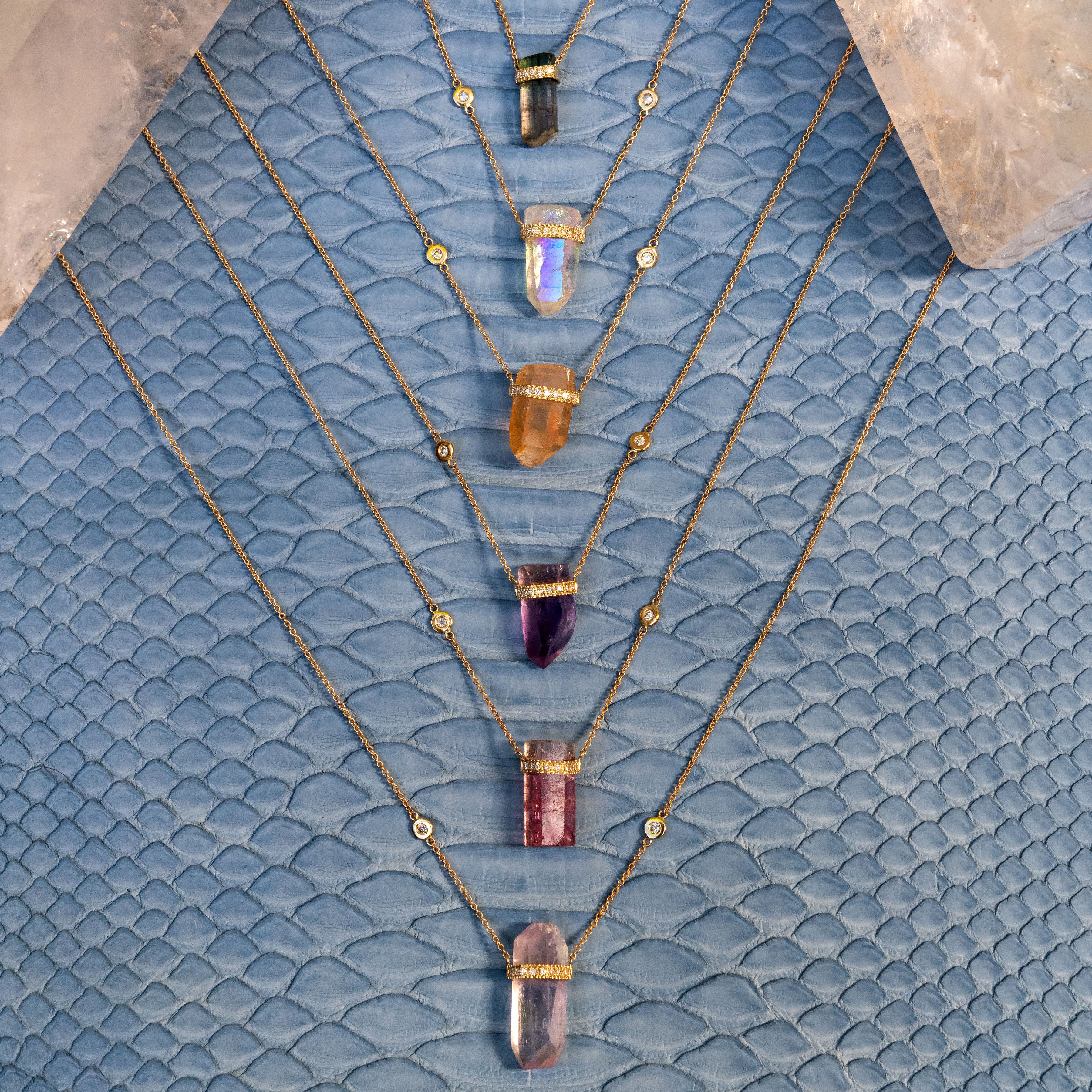 1 Row Pave Diamond Cap Tangerine Lemurian Crystal Necklace