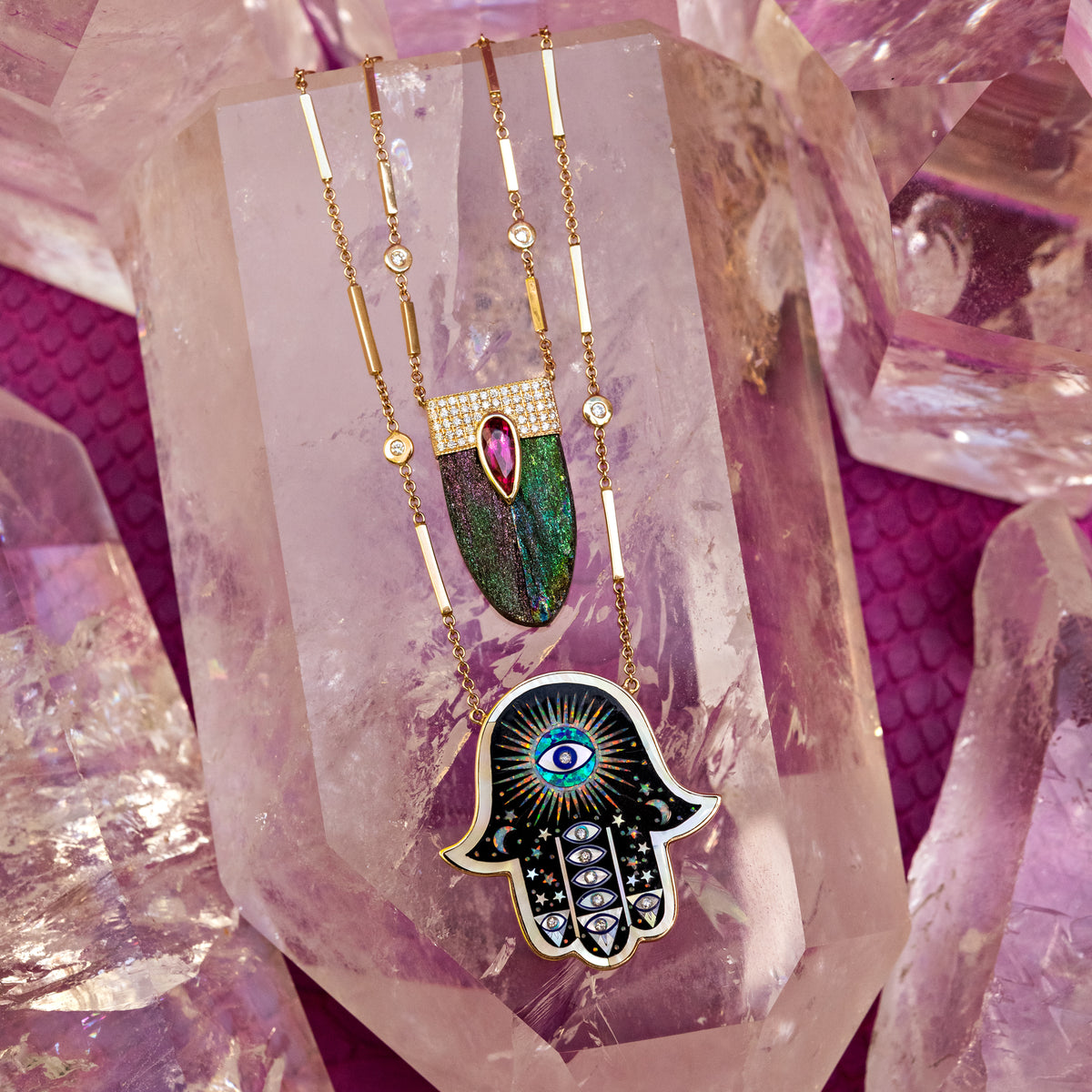 Pave Pink Tourmaline Cap + Titanium Quartz Crystal Necklace