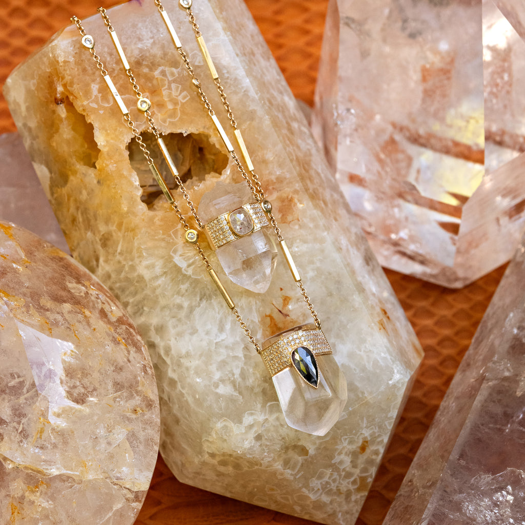 Pavé Teardrop Raw Diamond Cap + Faceted Clear Quartz Crystal Necklace