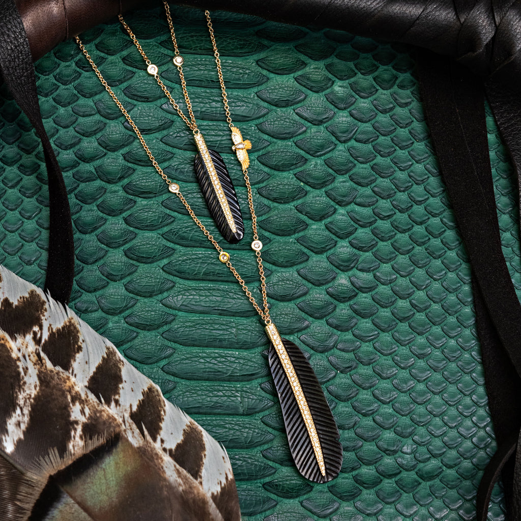 Pave Black Horn Feather + Baby Thunderbird Necklace