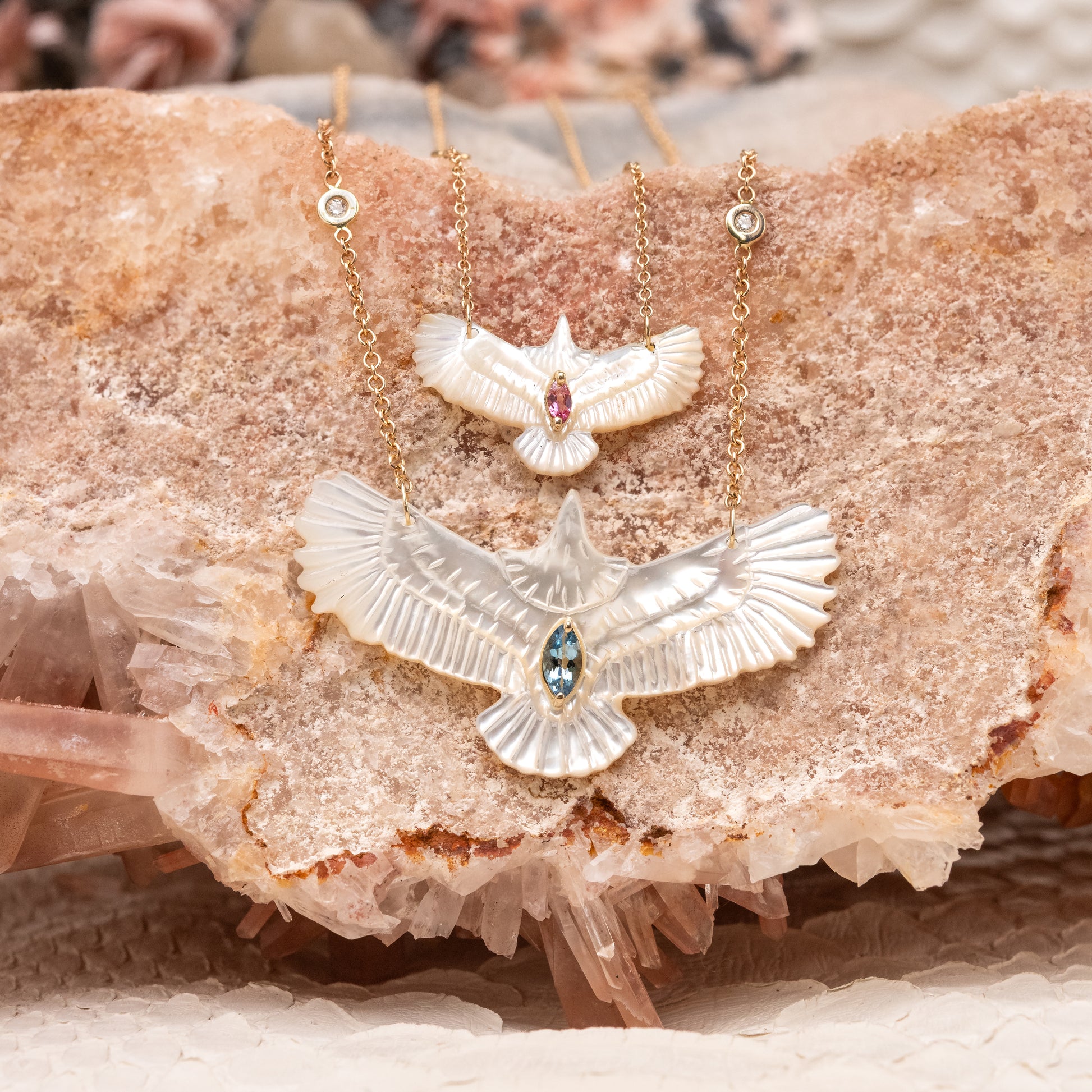 Pink Tourmaline Marquise Small Pearl Thunderbird Diamond Necklace