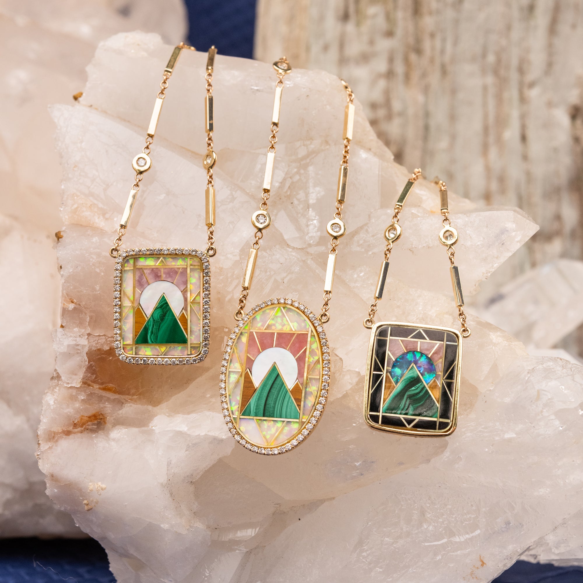 Pave Rectangle Pyramid Scenic Gemstone Inlay Necklace
