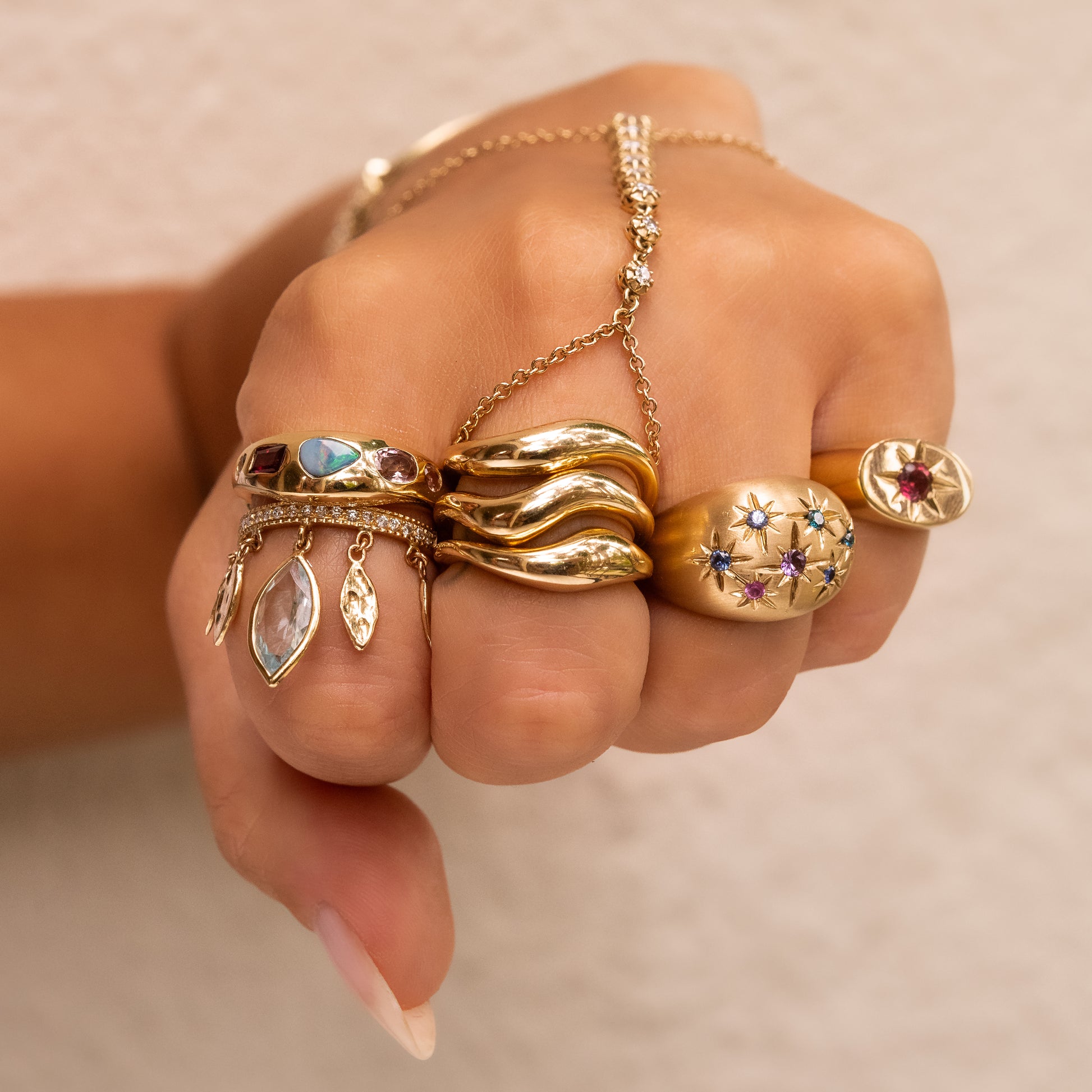 5 Multi Shape Opal + Pink Tourmaline Freeform Dome Ring
