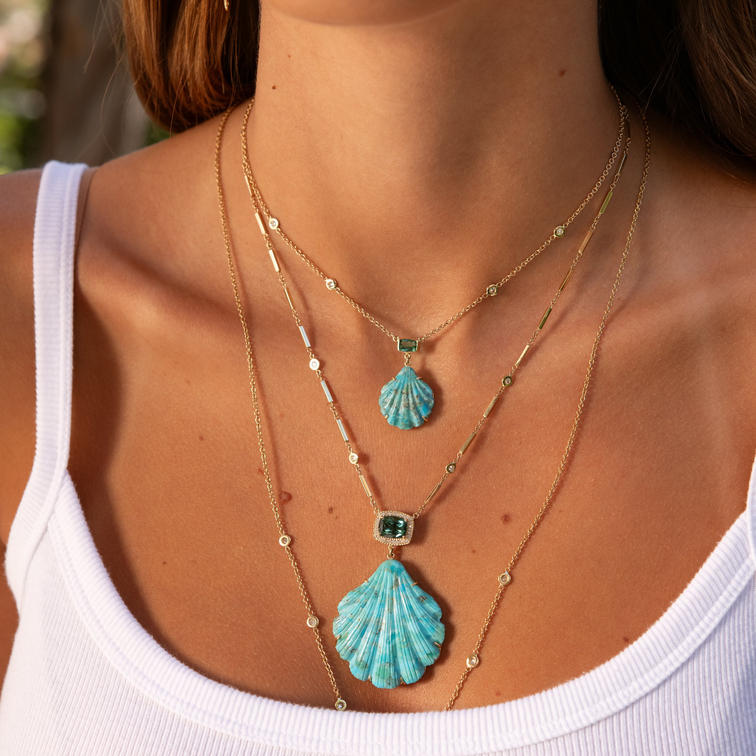 Pavé Green Tourmaline + Carved Turquoise Shell Necklace