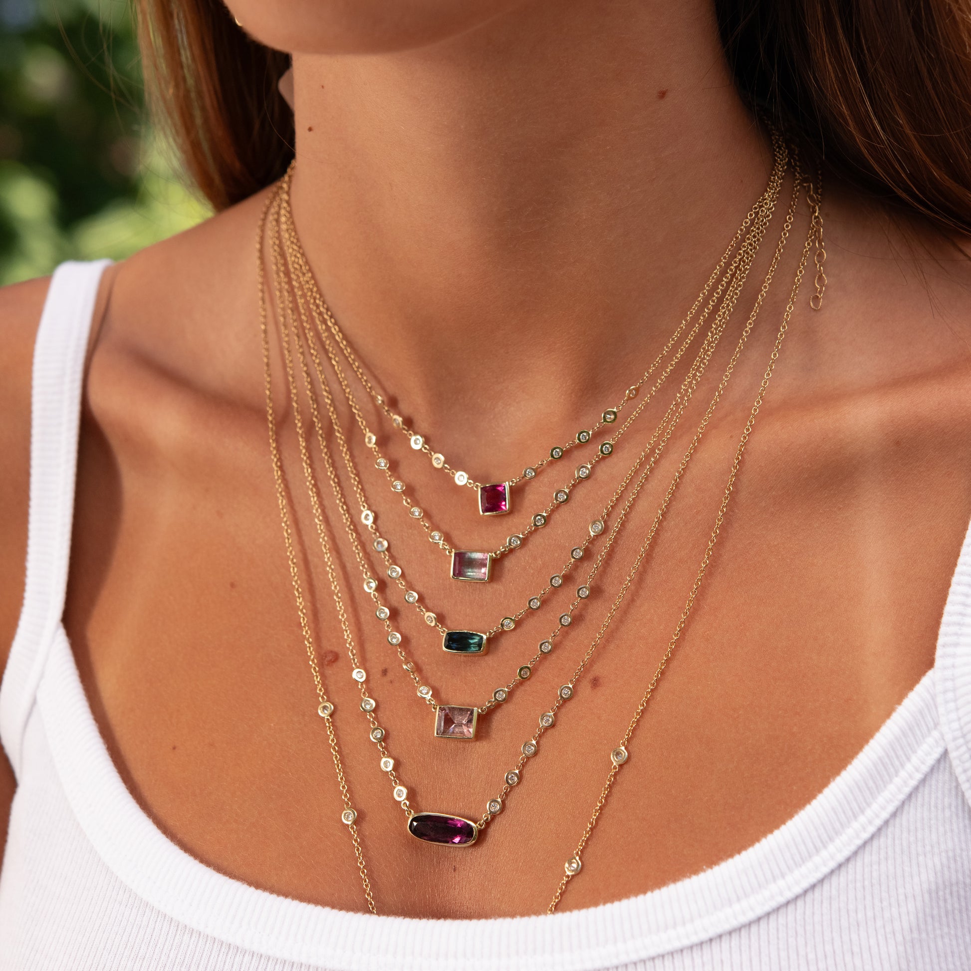 Ombre Green Tourmaline Rectangle 10 Diamond Necklace