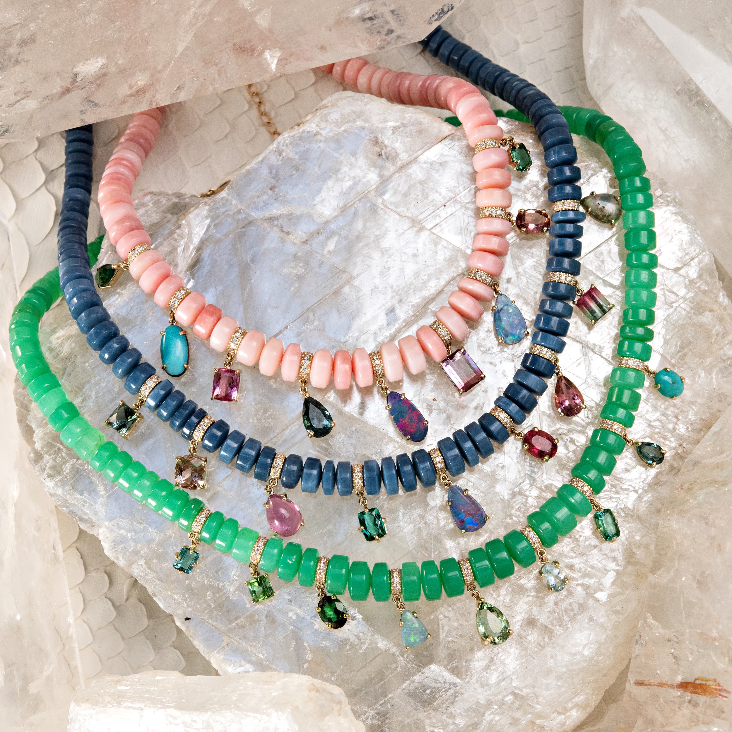 Graduated Blue Opal Cylinder Beaded Necklace with Multi Gemstone Shakers
