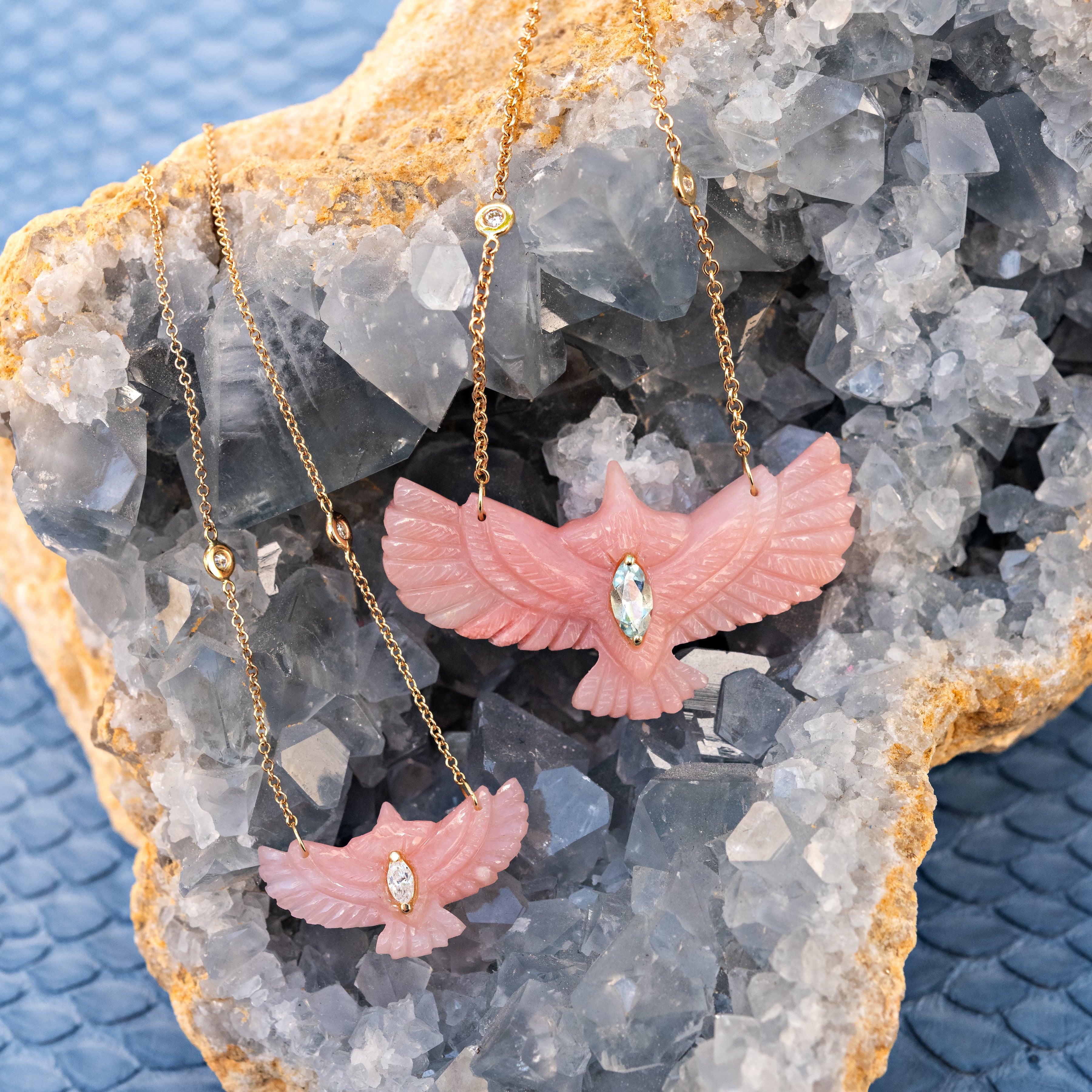 Diamond Marquise Small Pink Opal Thunderbird Diamond Necklace