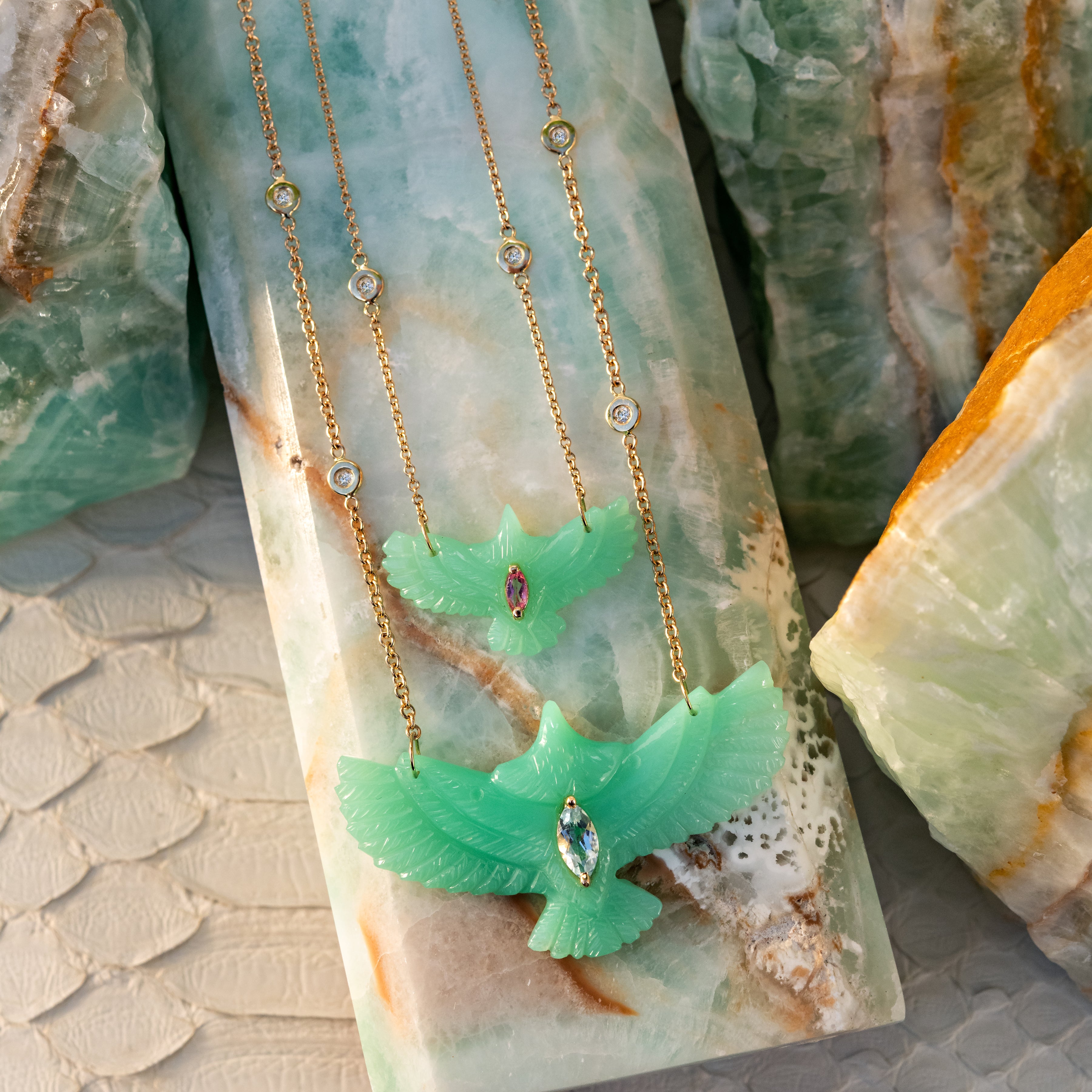 Pink Tourmaline Marquise Small Chrysoprase Thunderbird Diamond Necklace
