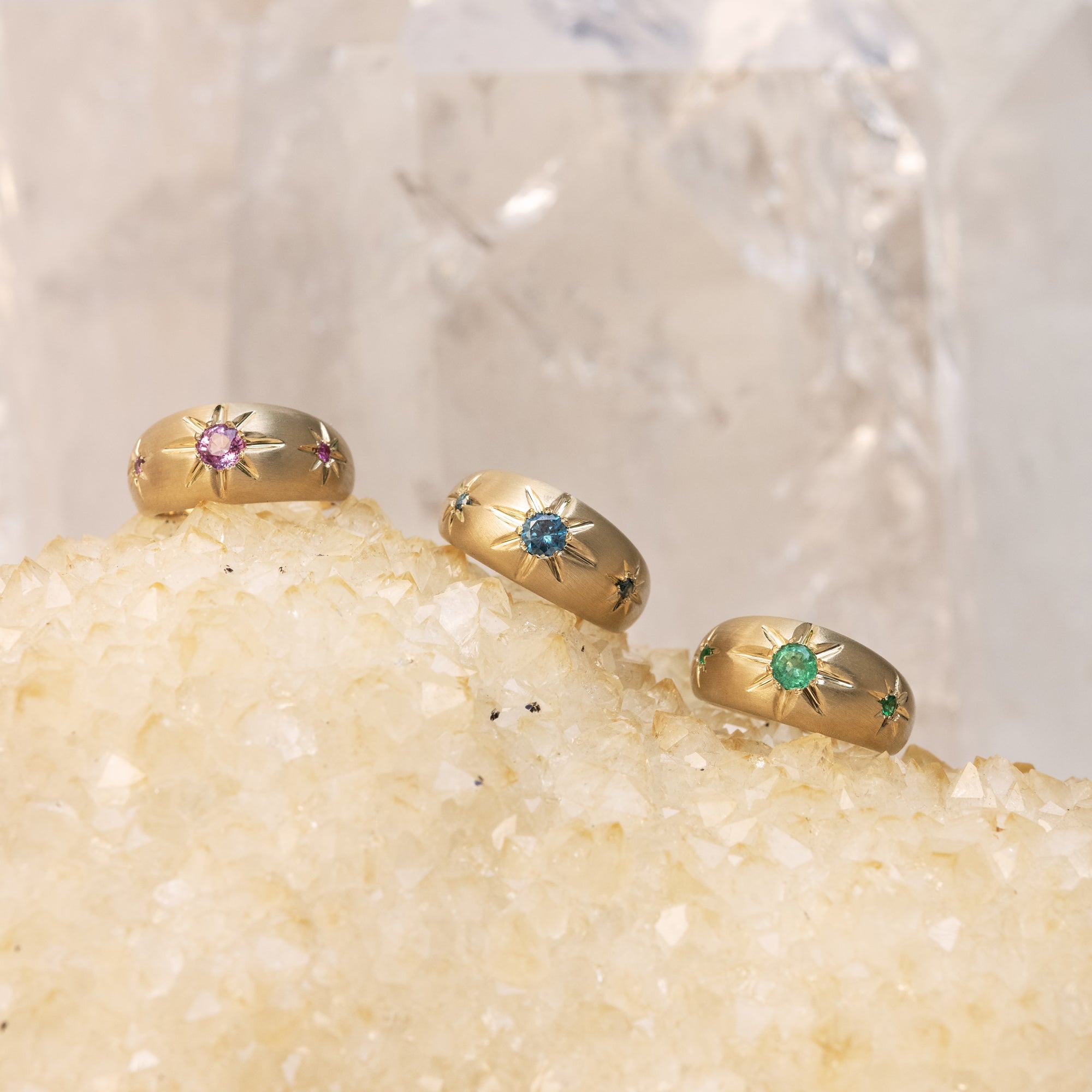 Triple Blue Diamond Starburst Dome Ring