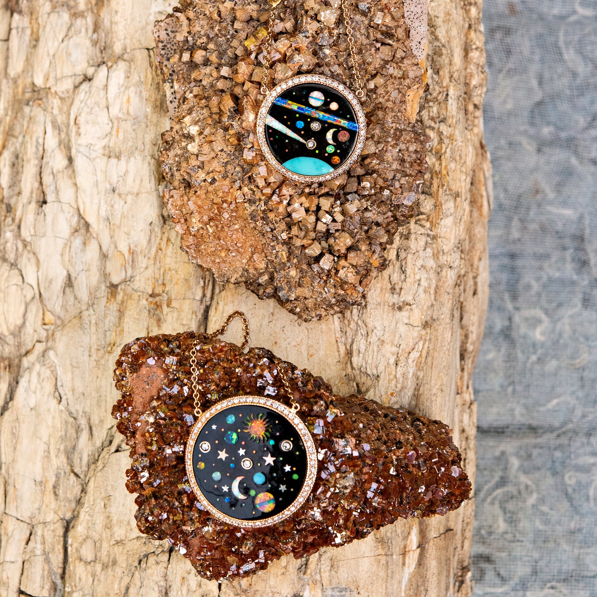 Pavé Round Onyx + Opal Starry Galaxy Inlay Necklace