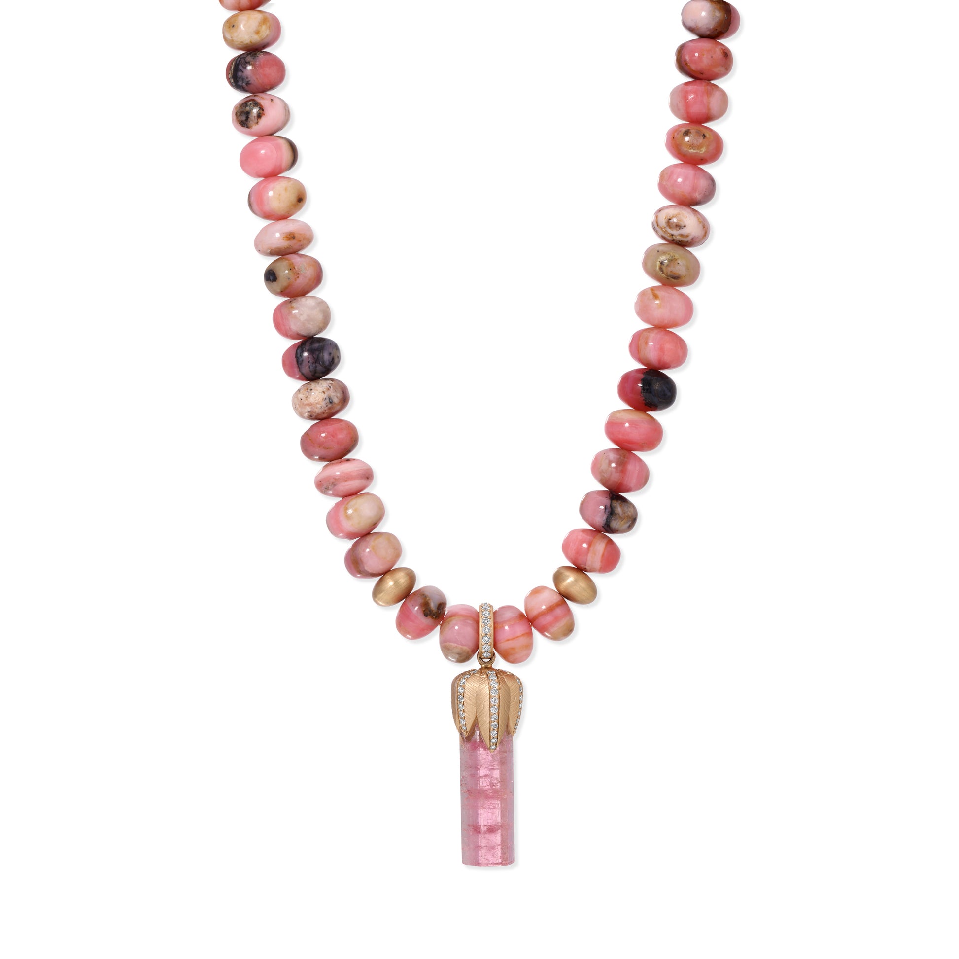 Pavé Leaves Cap Pink Tourmaline Bar Crystal + 2 Rondelle and 6 Gold Beads Pink Opal Beaded Necklace