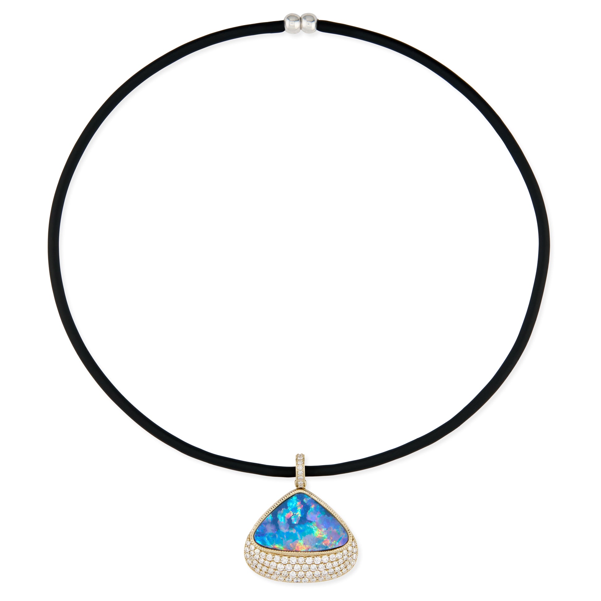 Large Diamond Opal Trillion Charm On Black Cord Choker