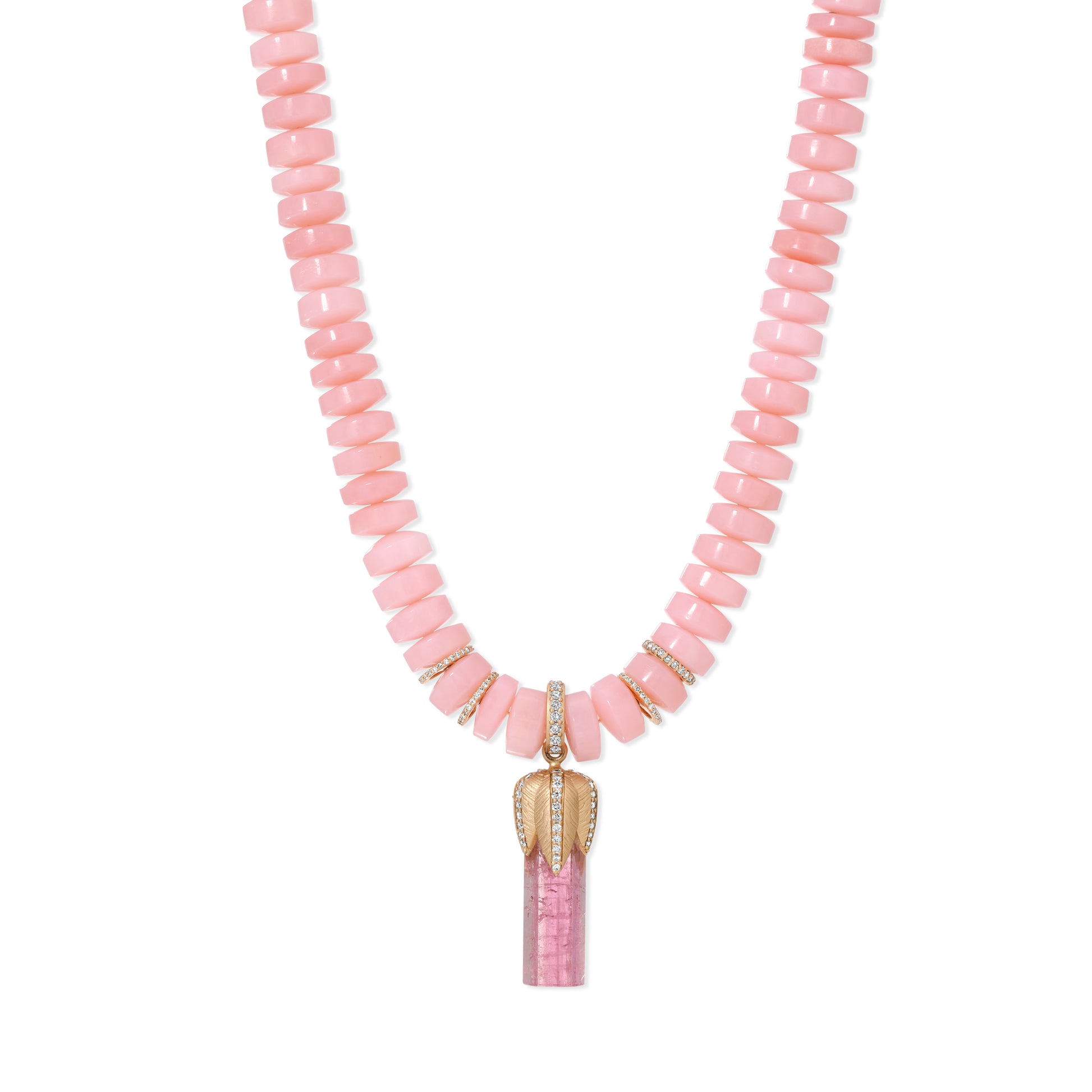 Pavé Leaves Cap Pink Tourmaline Bar Crystal + Rondelle Pink Opal Cylinder Beaded Necklace