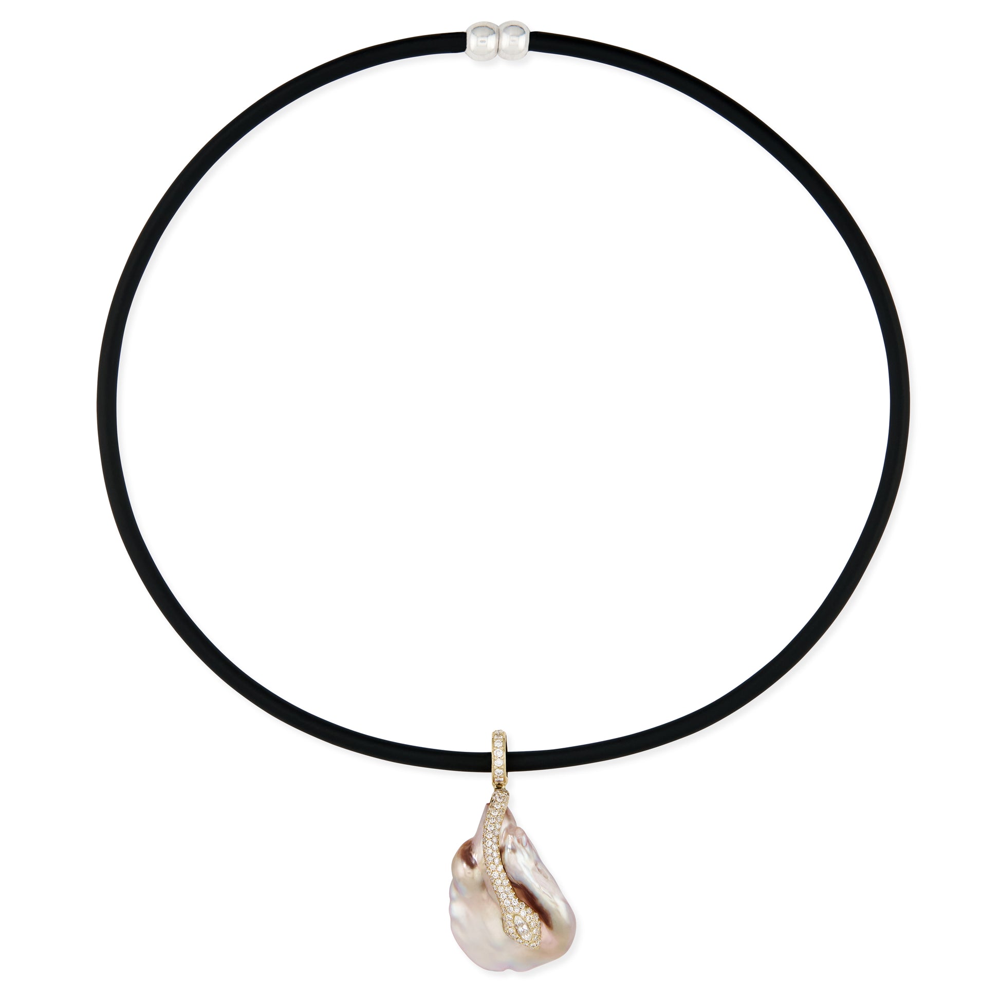 Pave Snake Pearl Charm On Black Cord Choker