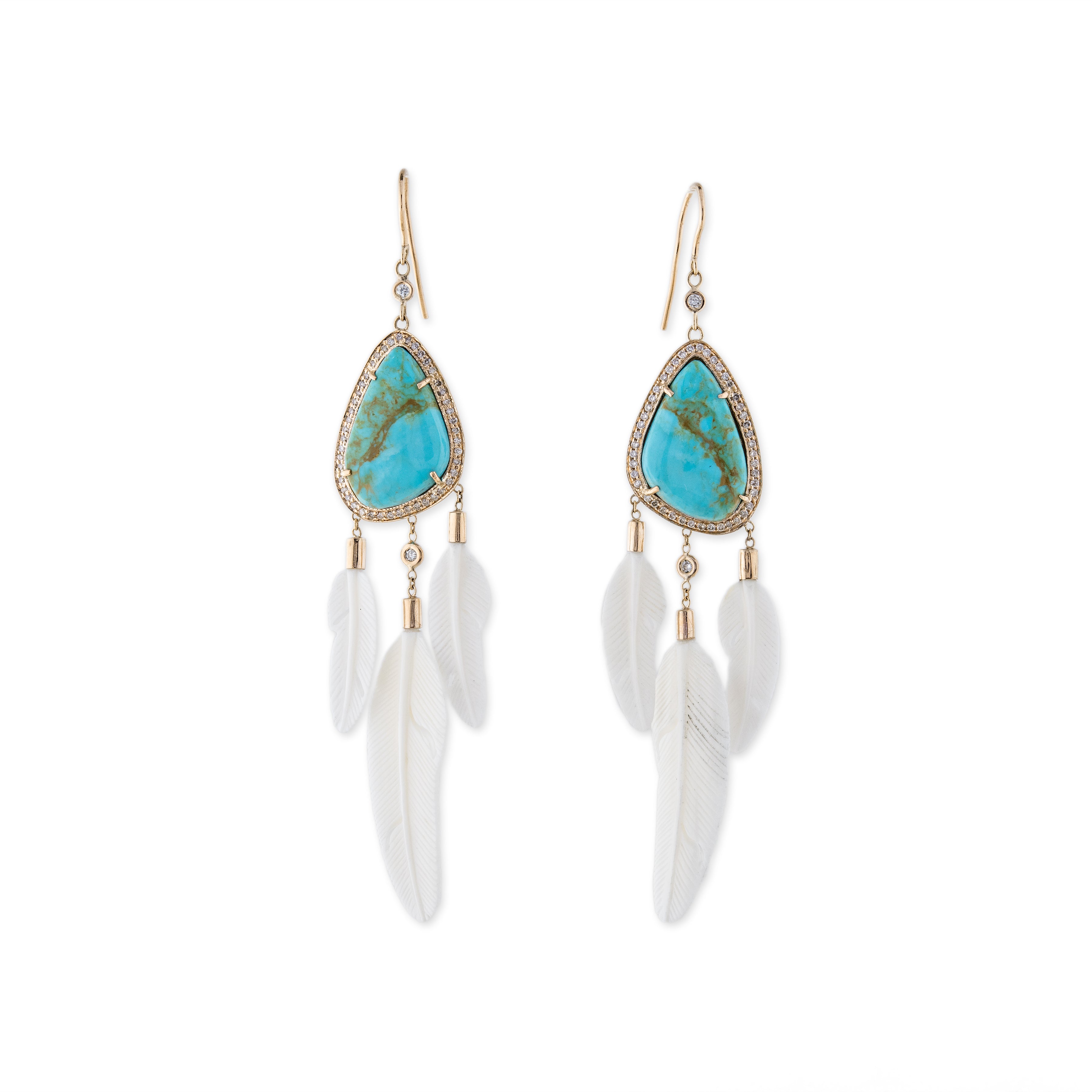 PAVE FREEFORM TURQUOISE 3 GRADUATED WHITE BONE FEATHER EARRINGS