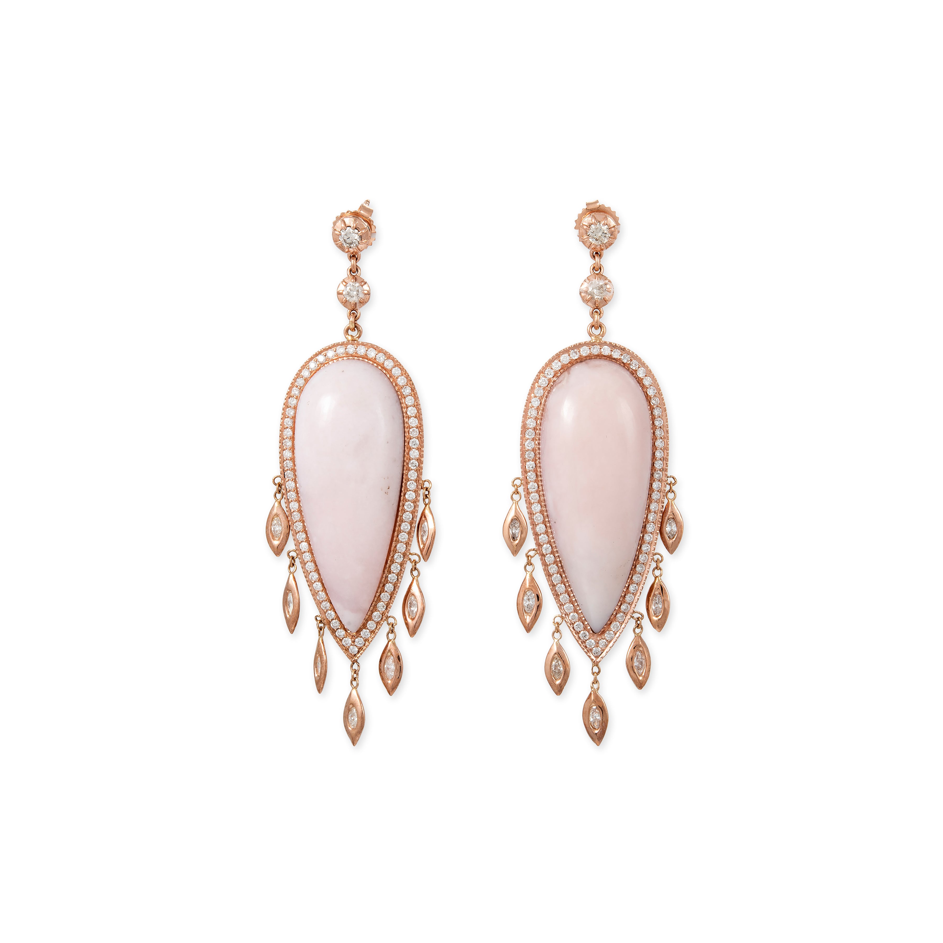 LARGE PAVE PINK OPAL TEARDROP + MARQUISE DIAMOND SHAKERS DROP EARRINGS