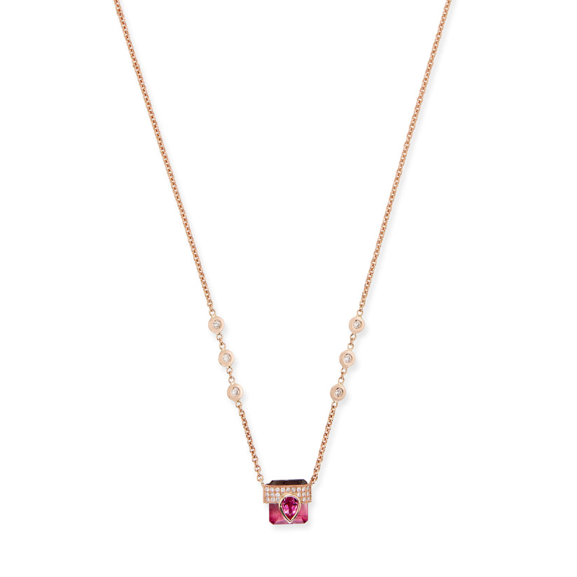 PAVE PINK TOURMALINE TEARDROP CAP + BABY PINK TOURMALINE BAGUETTE NECKLACE