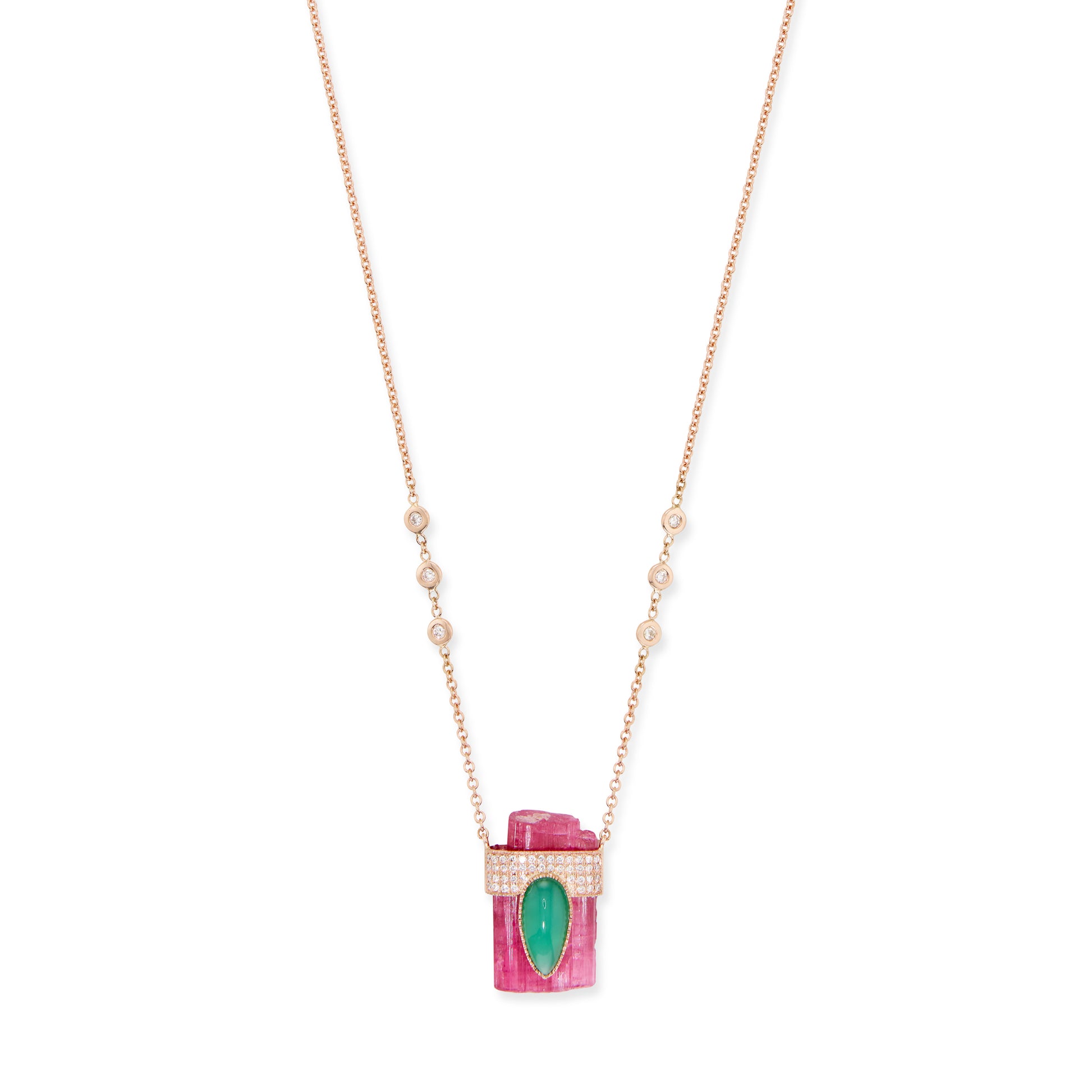 Pave Chrysoprase Teardrop Cap + Pink Tourmaline Crystal Necklace