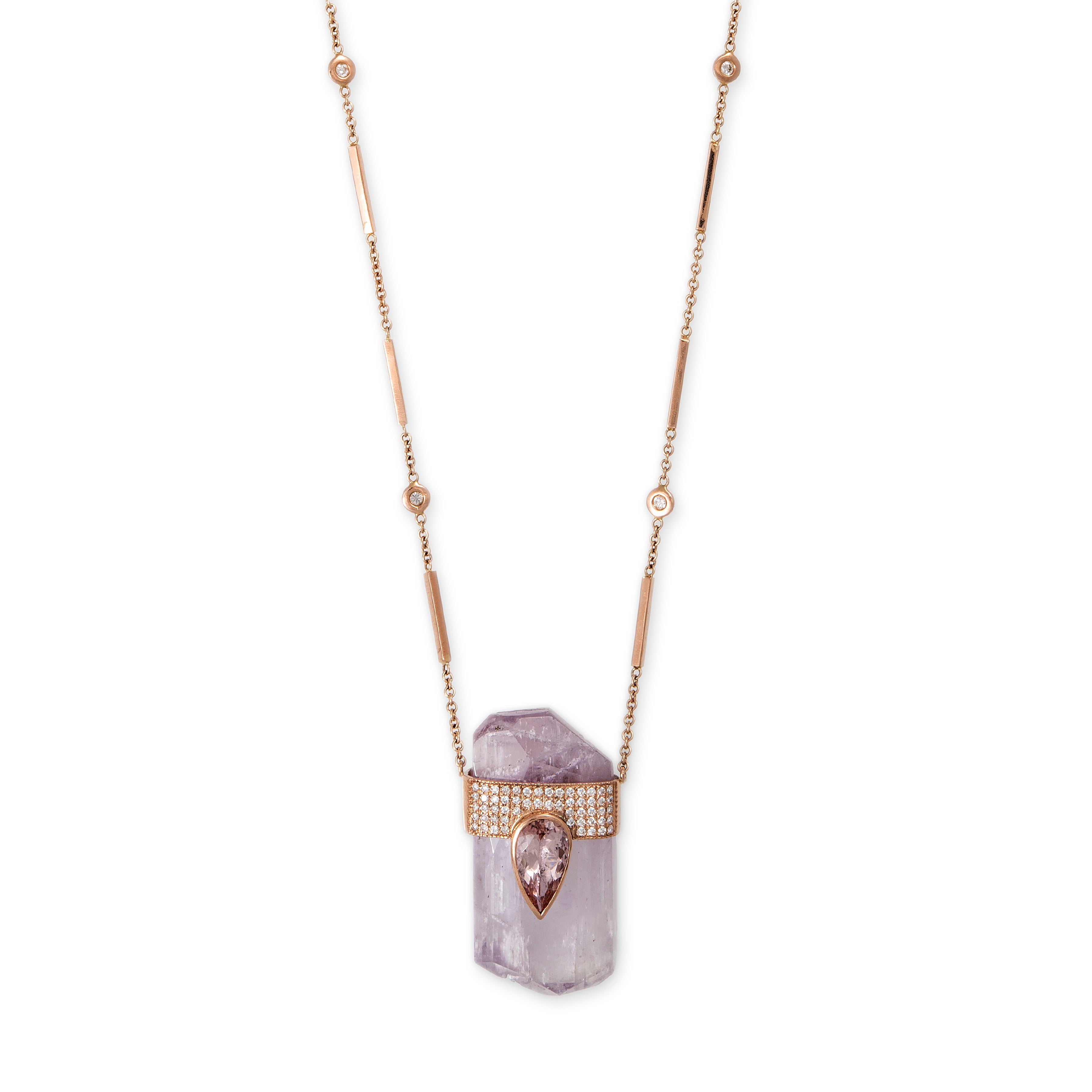 PAVE MORGANITE TEARDROP CAP + KUNZITE CRYSTAL NECKLACE