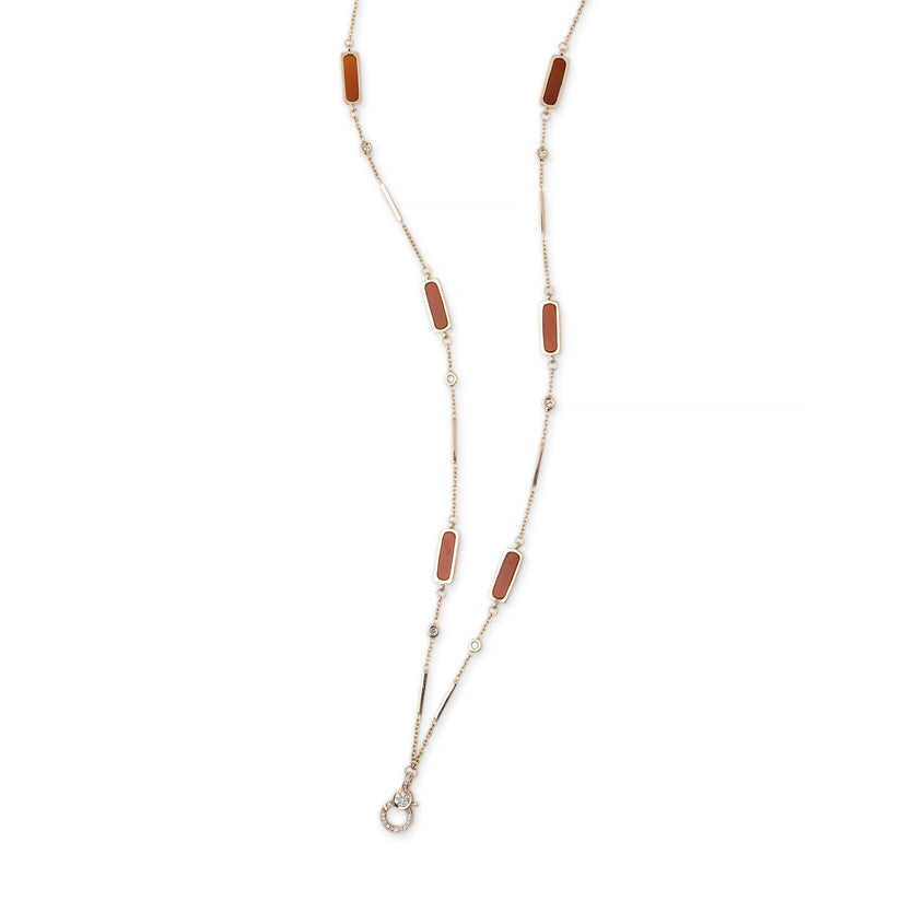 PAVE CHARM CLIP 6 RED AGATE INLAY DIAMOND SMOOTH BAR NECKLACE