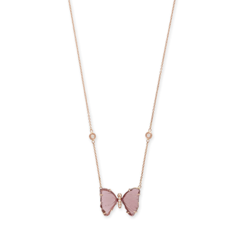 Pink Tourmaline Pave Center Butterfly Necklace