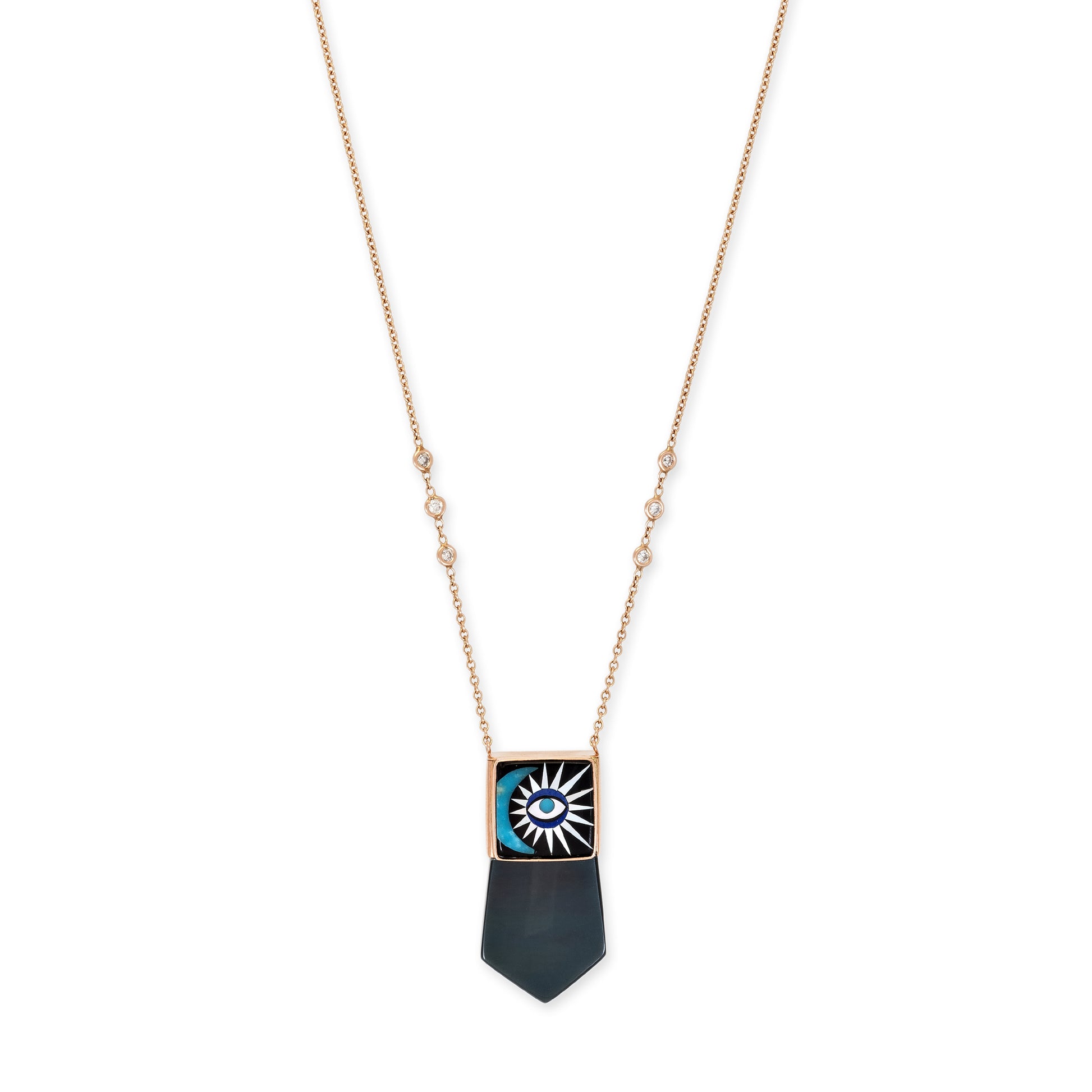 RAINBOW OBSIDIAN CRYSTAL INLAY CRESCENT EYE BURST CAP NECKLACE