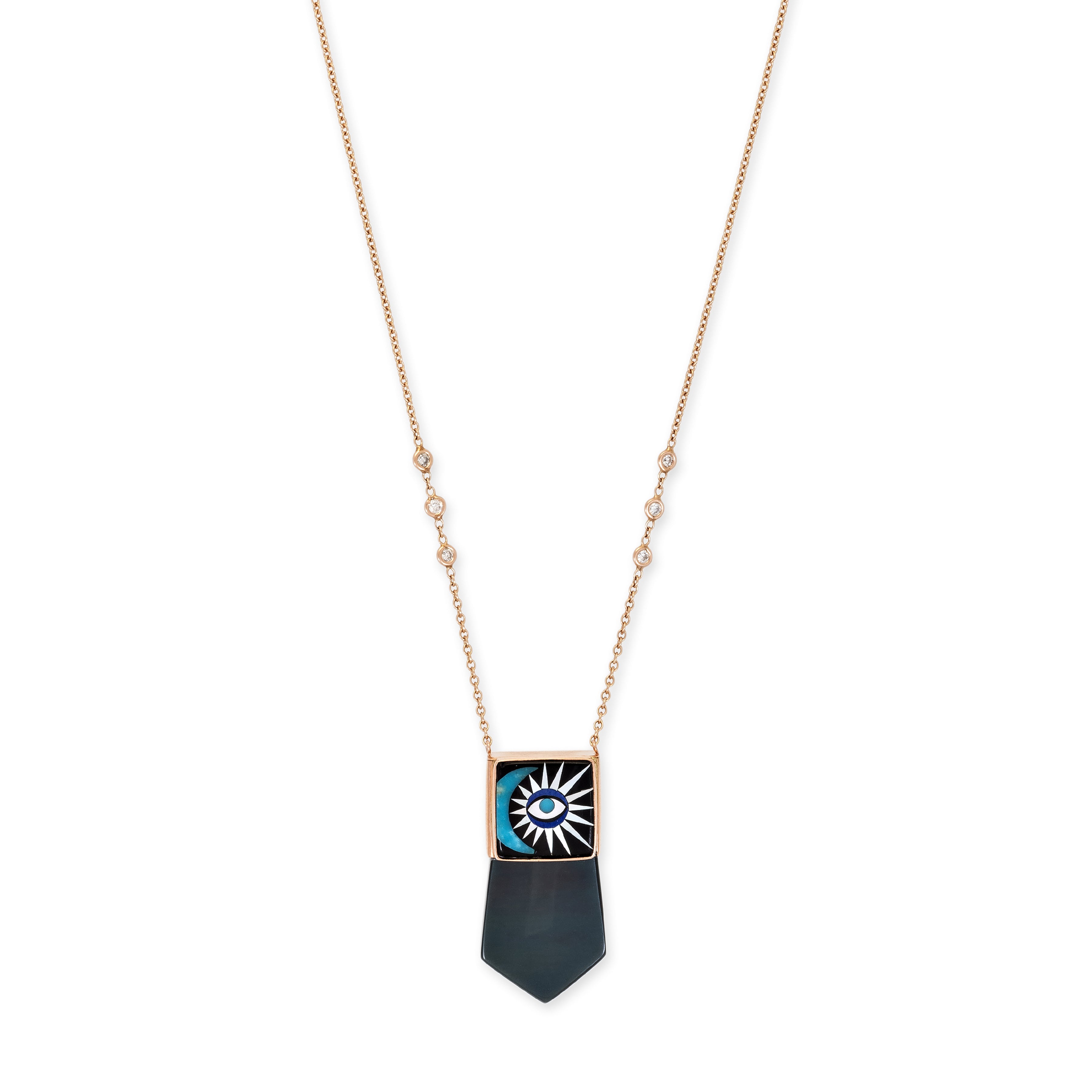 Rainbow Obsidian Crystal Inlay Crescent Eye Burst Cap Necklace