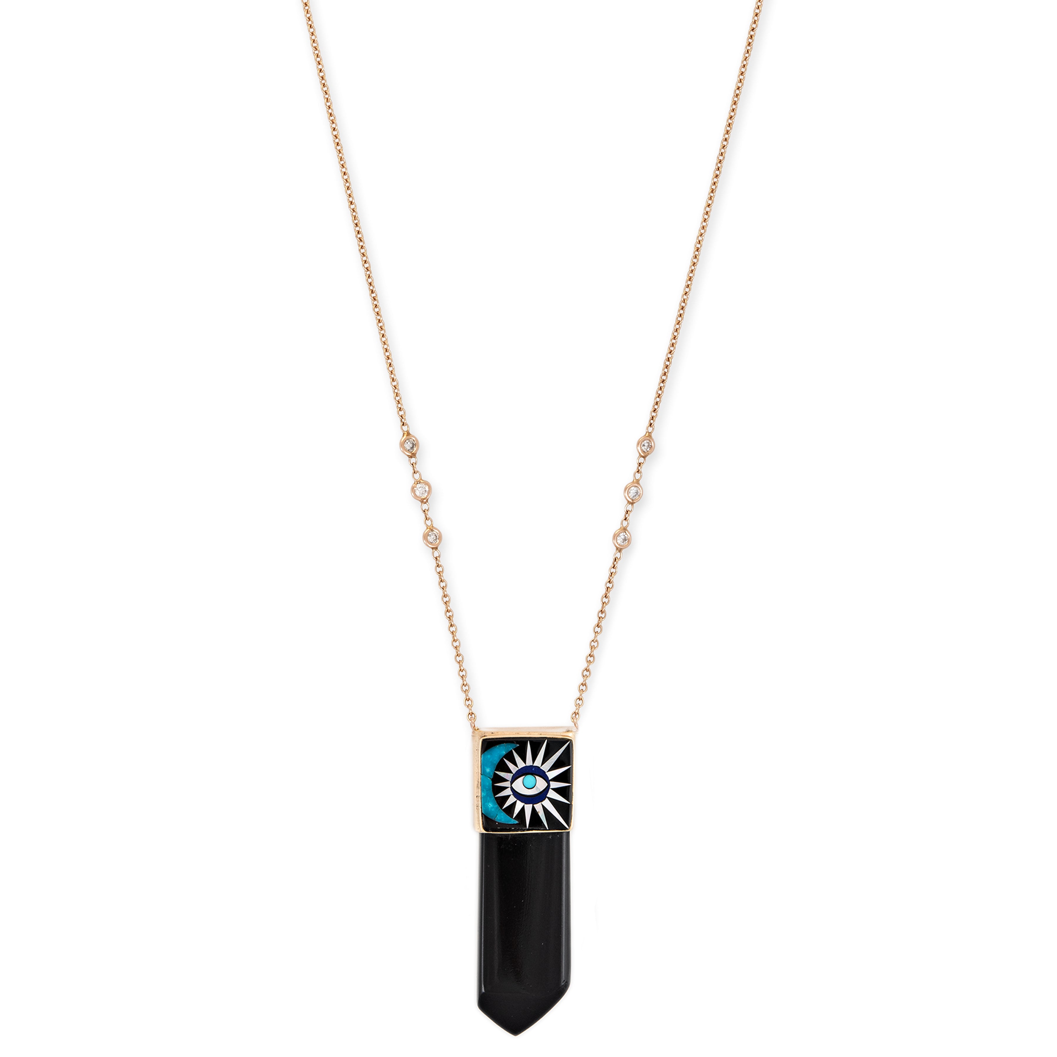 Onyx Crystal Crescent Eye Burst Inlay Cap Necklace