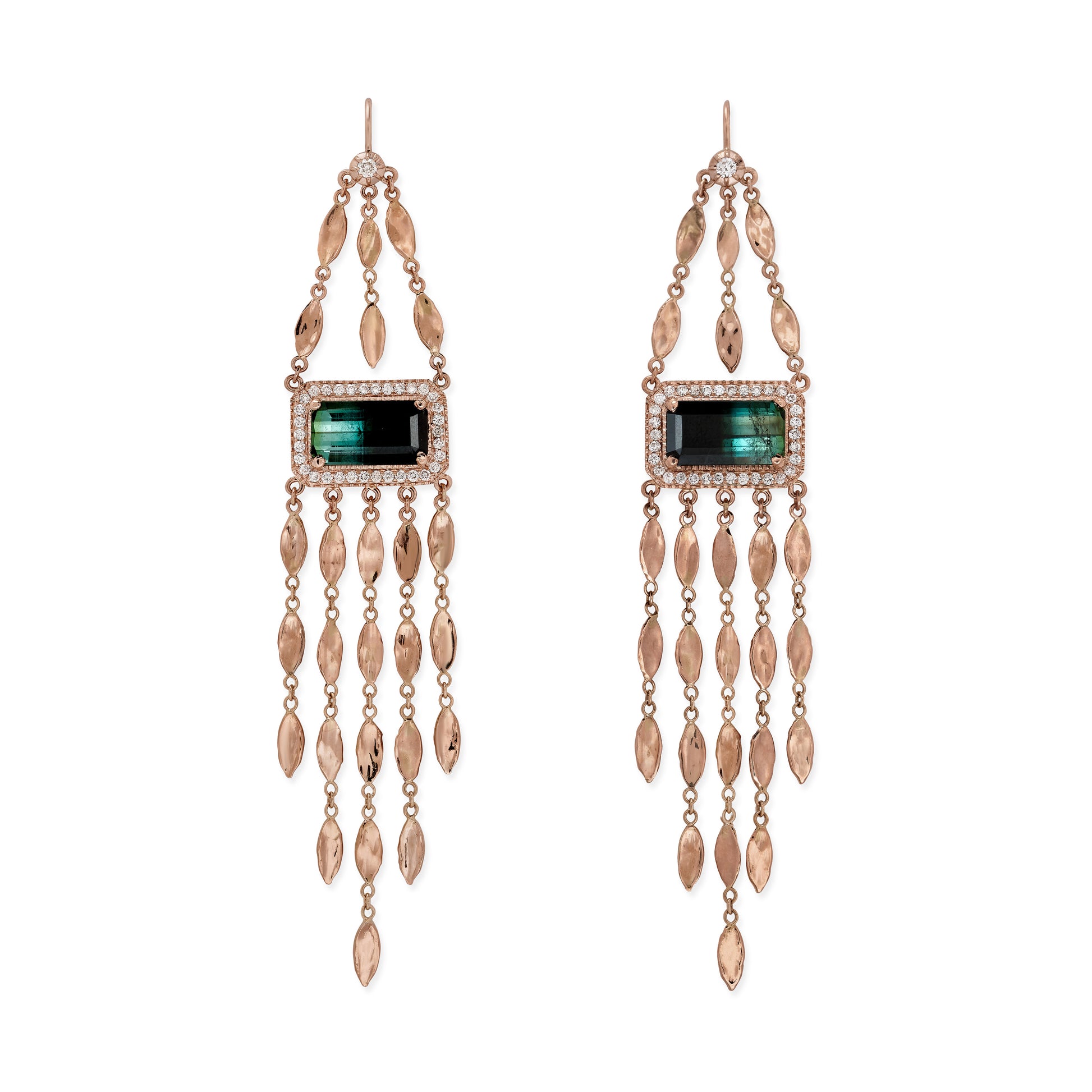 Pave Green Tourmaline Baguette + Hammered Marquise Chandelier Earrings