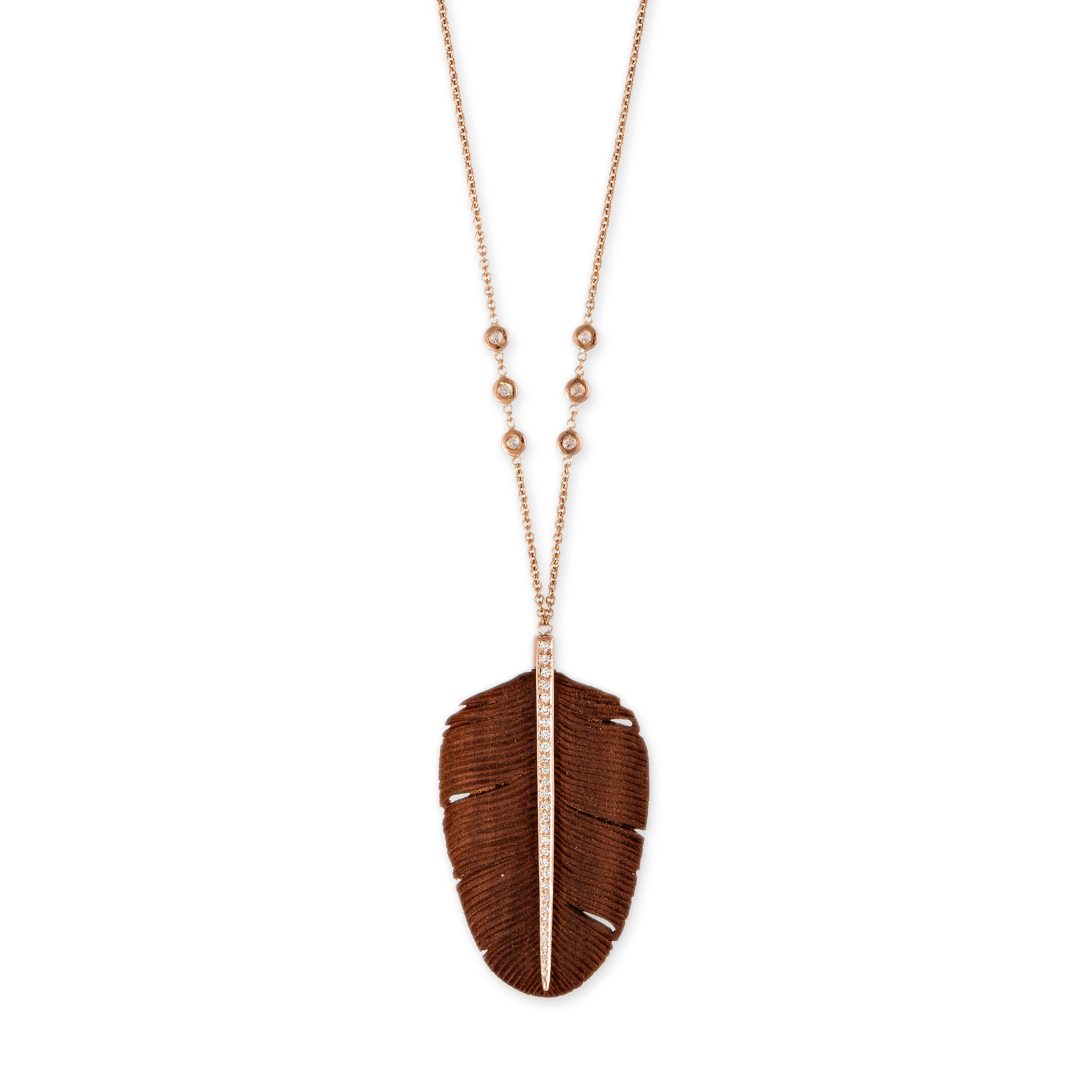 PAVE DIAMOND WIDE BROWN WOOD FEATHER NECKLACE